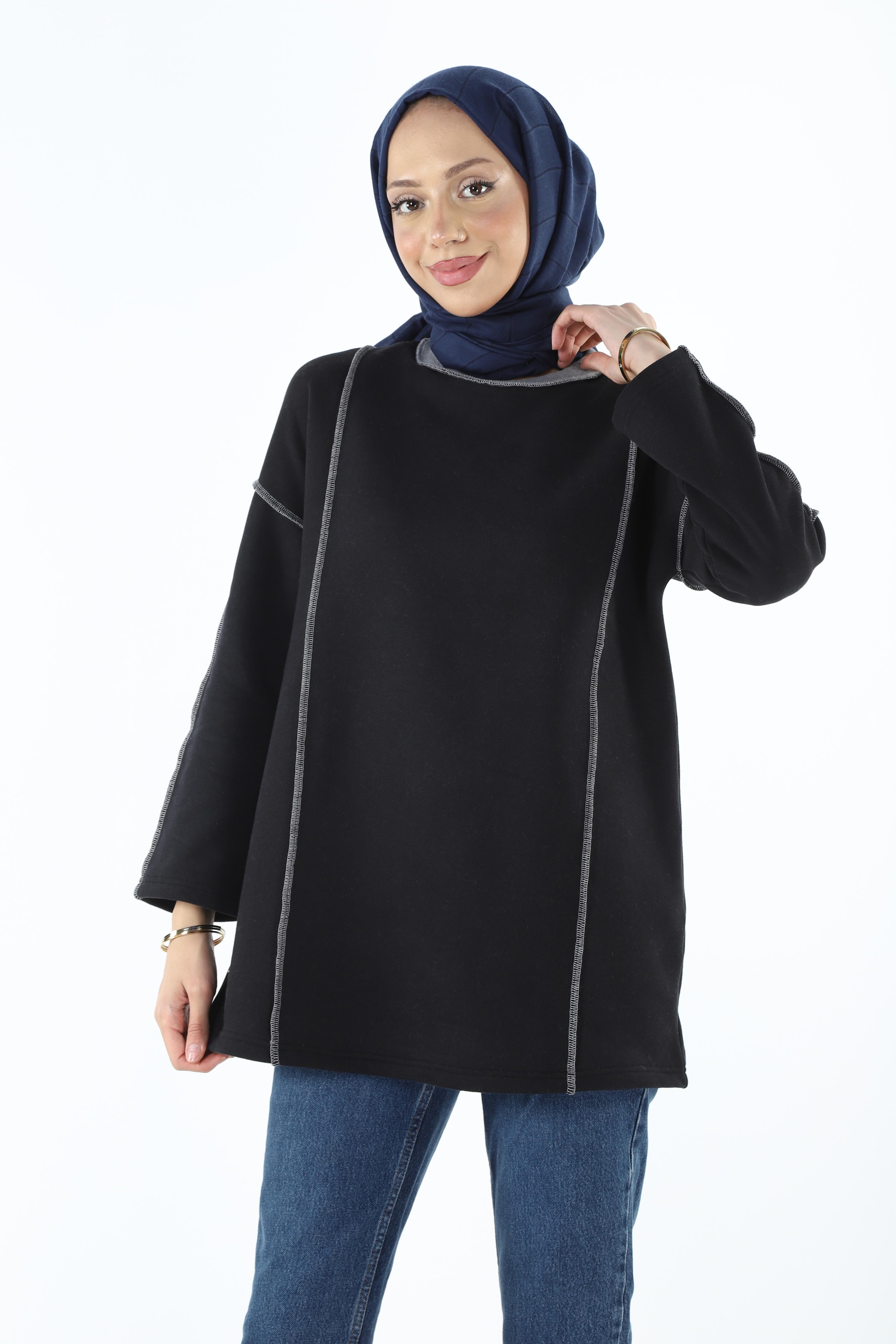 2229_Şardonlu Karyoka Dikişli Basic Tesettür Sweatshirt