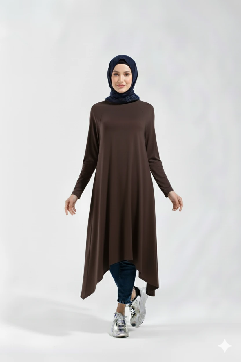 1220_Asimetrik Kesim Plistre Tesettür Tunik