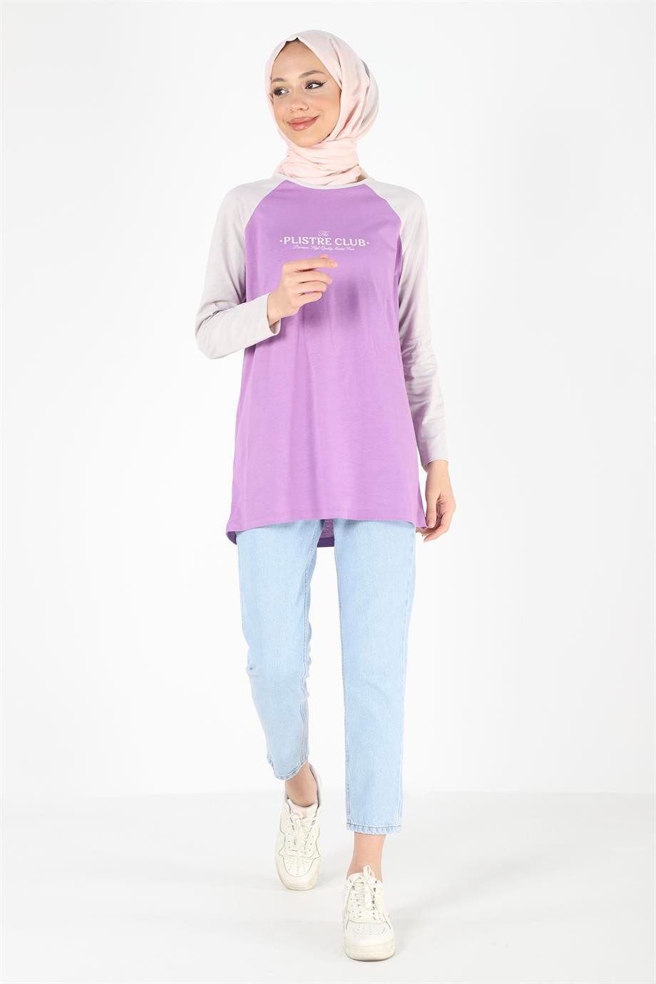 2097_Baskılı Reglan Kollu Örme Tesettür Tunik