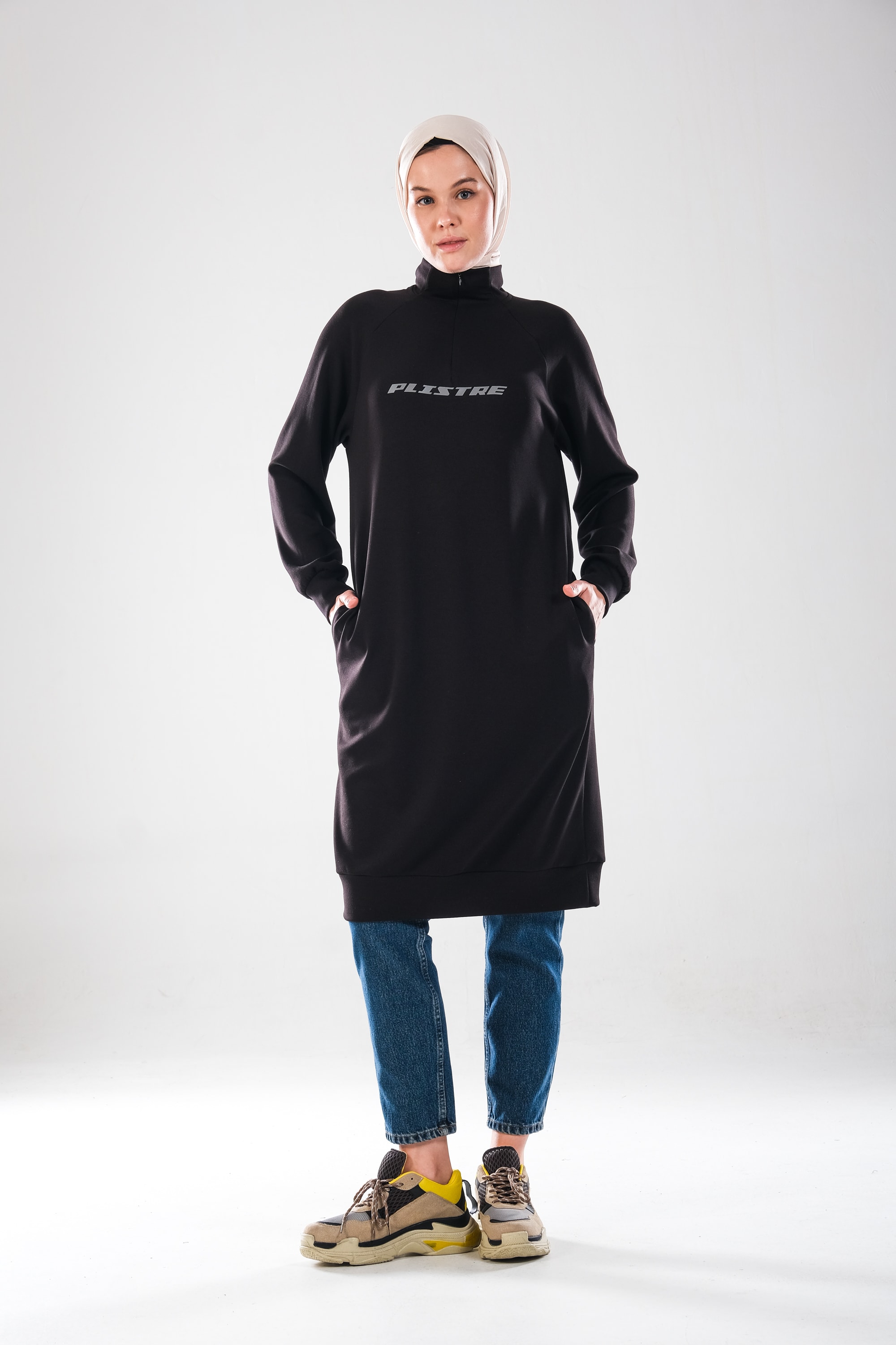 2290_Kadın Tesettür Spor Tunik Elbise - Reflektör Baskılı, Dik Yakalı Fermuarlı, Cepli, Yumuşak Doku