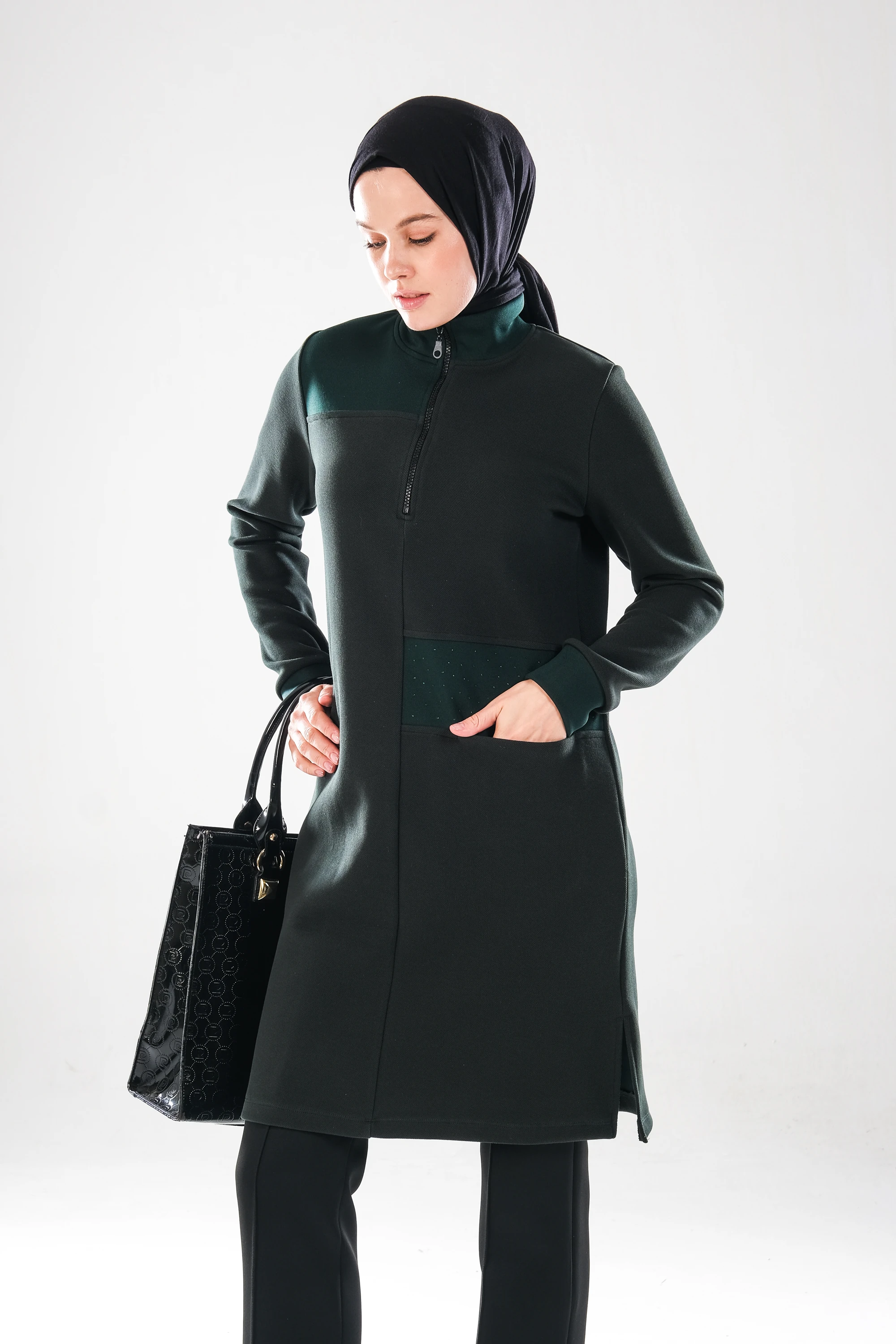2291_Kadın Fermuarlı Dik Yaka, Taş İşlemeli, Cepli, Uzun Kol, Yırtmaçlı, Tesettür Tunik Elbise Yeşil