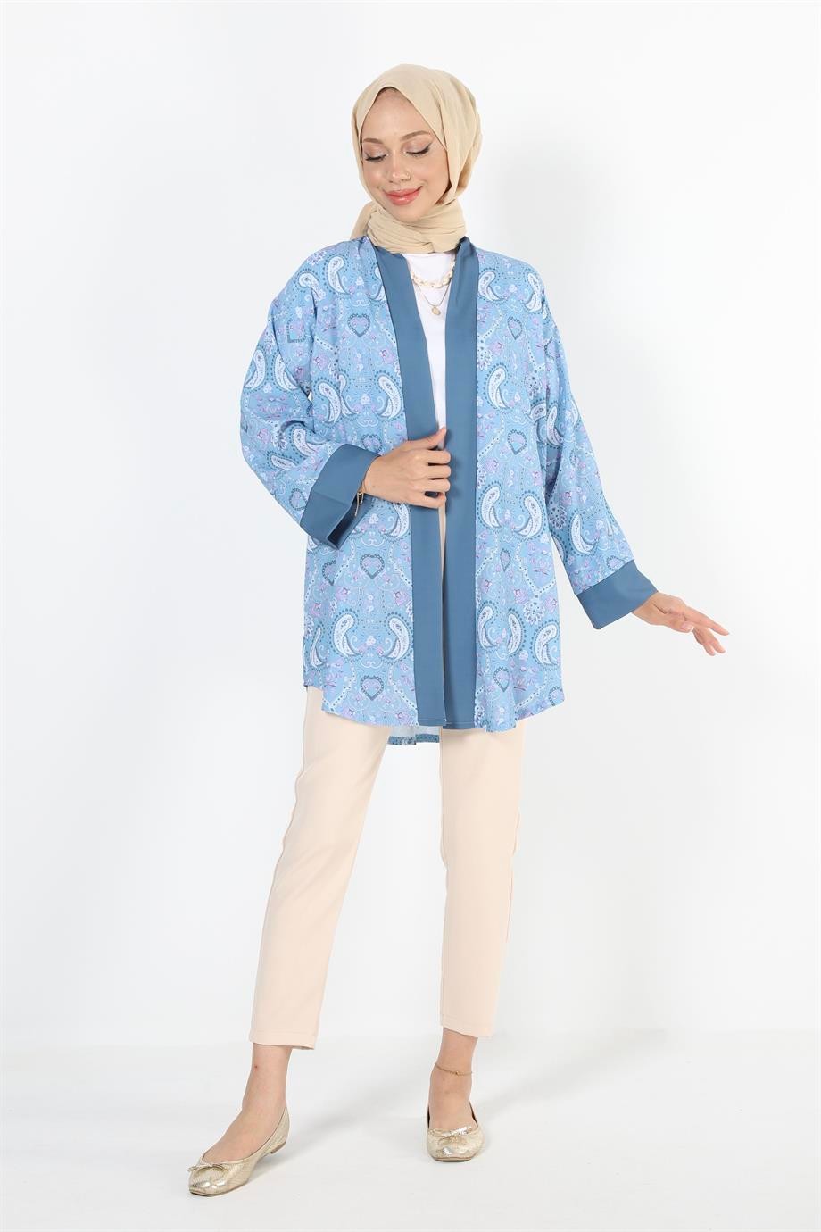 2121_Desenli Beli Kuşaklı Kimono