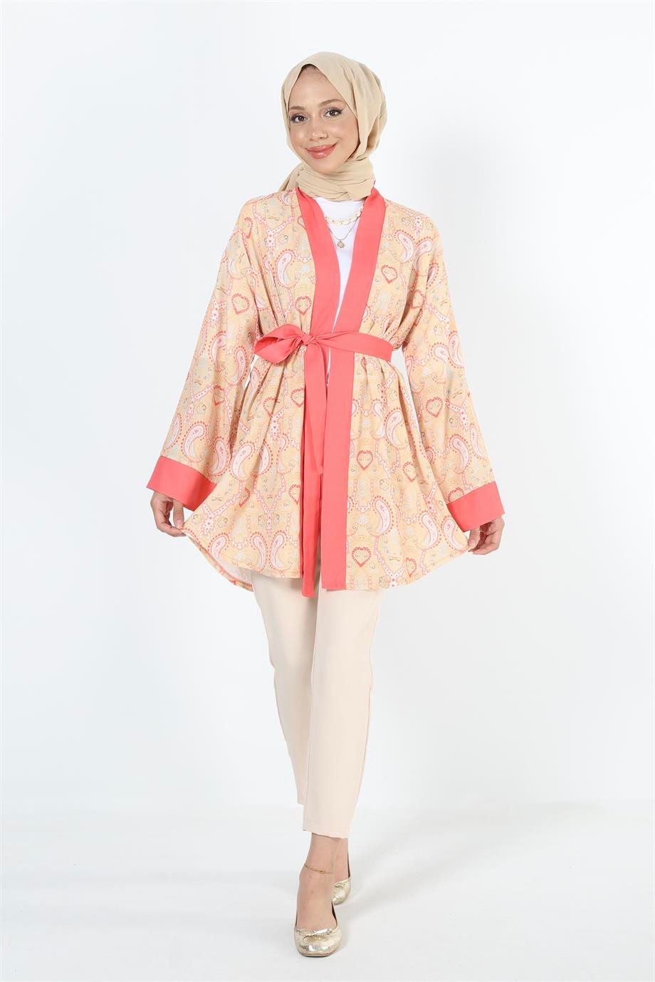 2121_Desenli Beli Kuşaklı Kimono