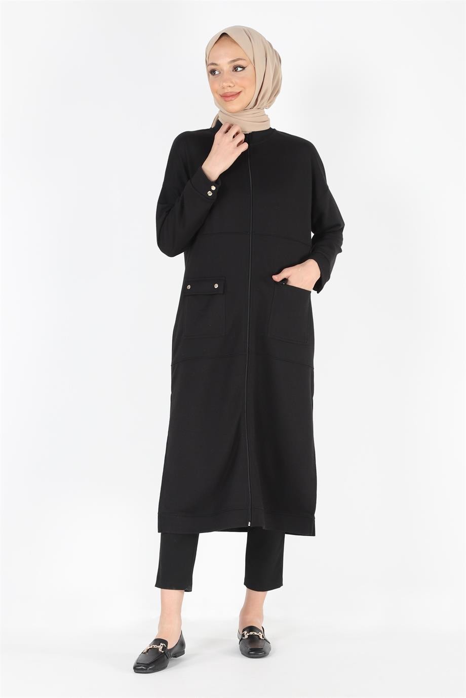2081_Fermuarlı Yırtmaçlı Oversize Tesettür Kap
