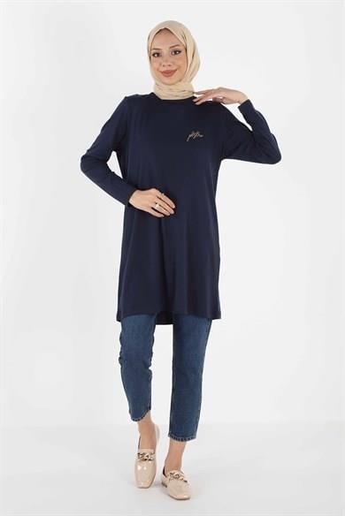 1451_Nakışlı Basic Tesettür Tunik lacivert