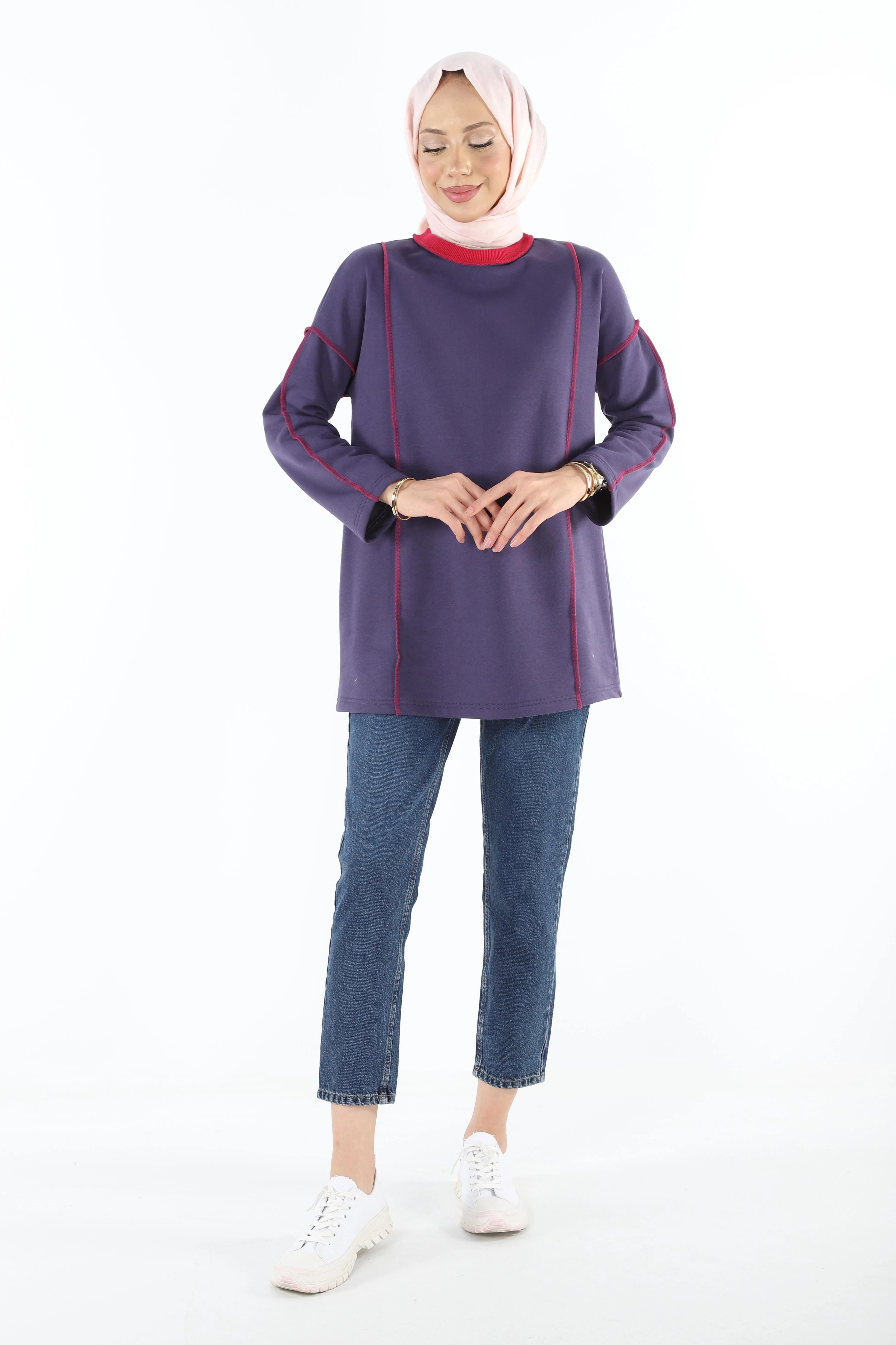 2229_Şardonlu Karyoka Dikişli Basic Tesettür Sweatshirt