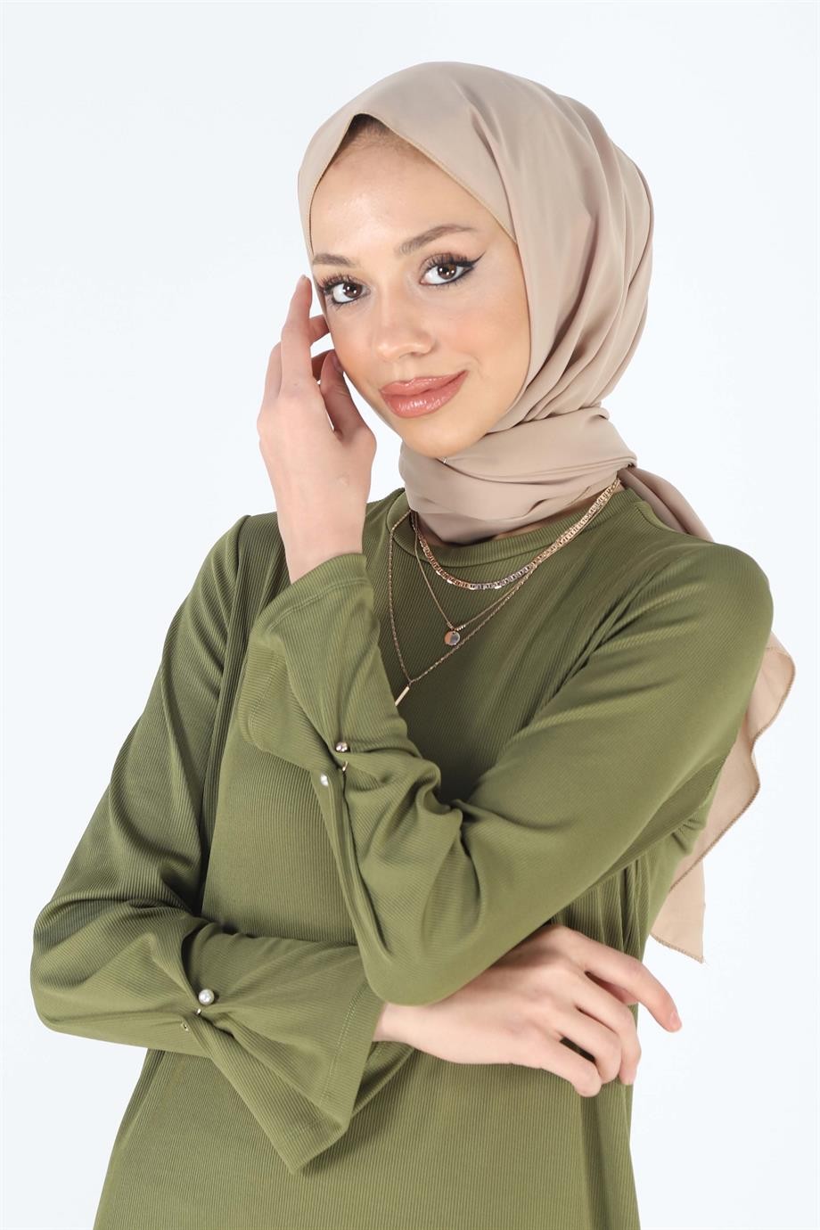 2091_Tesettür Aksesuar Detaylı Uzun Tunik-Pantolon Takım