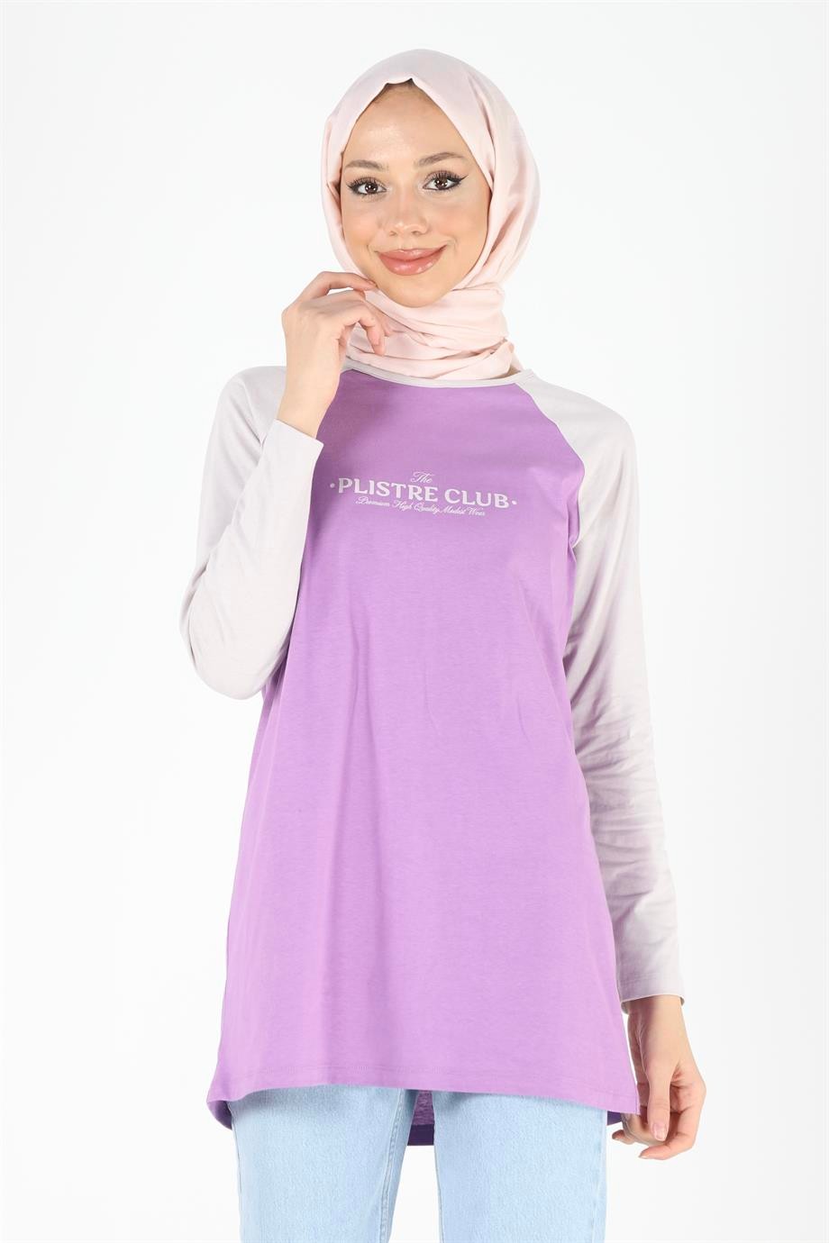 2097_Baskılı Reglan Kollu Örme Tesettür Tunik