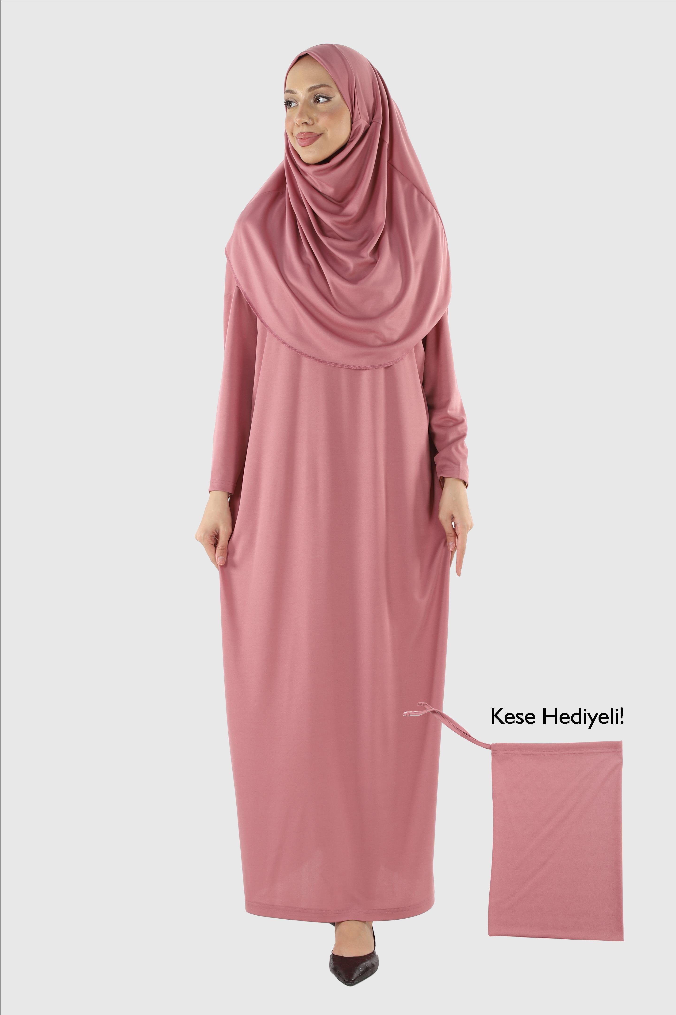 2133_Tek Parça Kaymaz Başörtülü Namaz Tesettür Elbisesi Boneye Son - 00433 Gül Kurusu