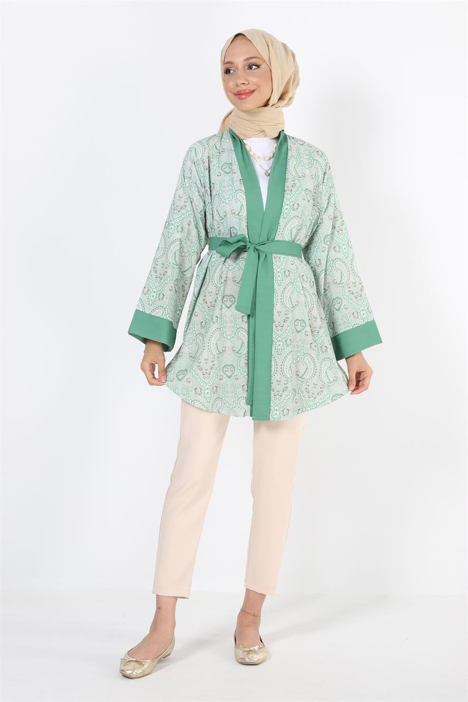 2121_Desenli Beli Kuşaklı Kimono