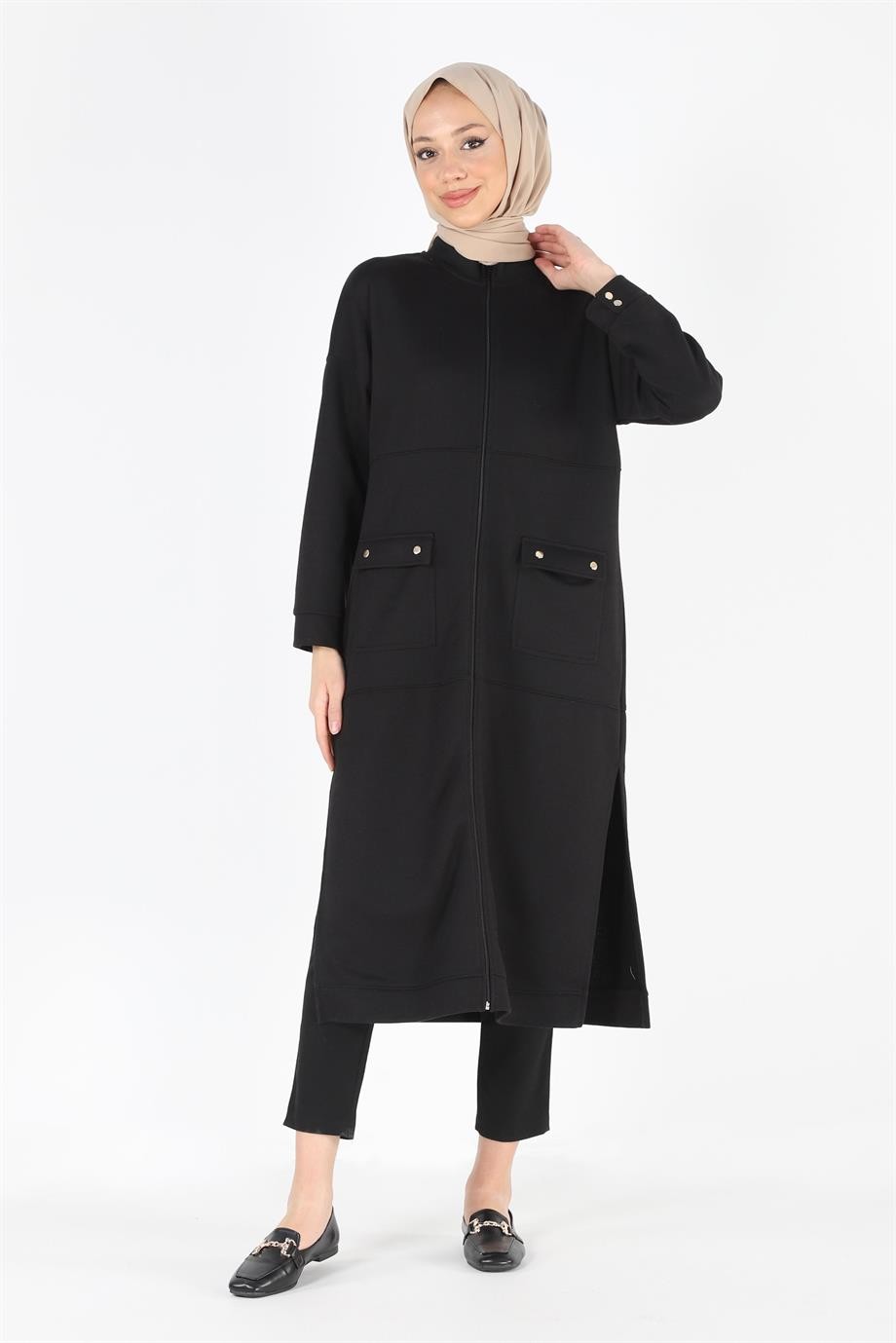 2081_Fermuarlı Yırtmaçlı Oversize Tesettür Kap