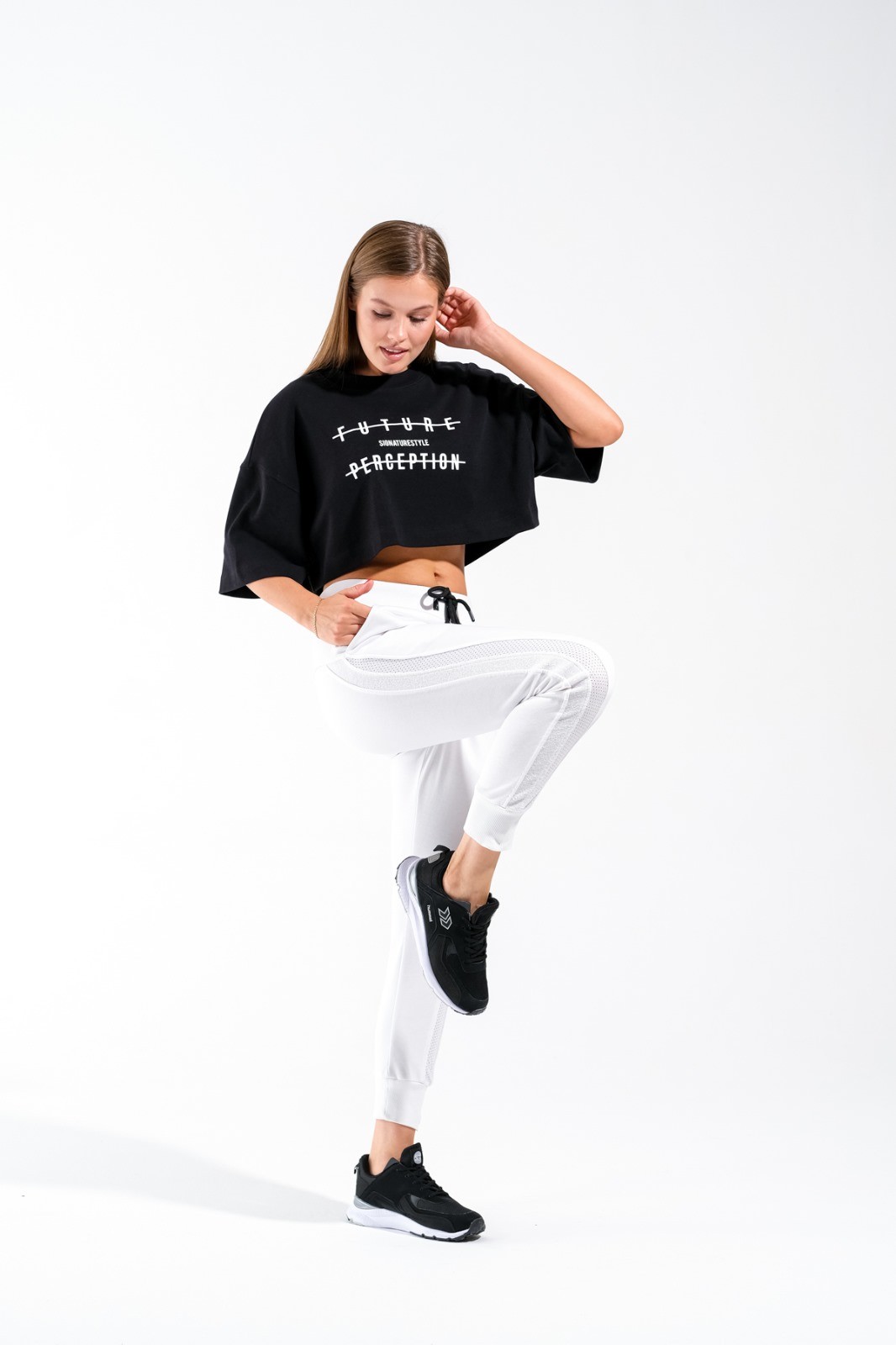 724106_Kadın Oversize Geniş Kalıp Baskılı Crop Boy Kısa Kollu Sportif Tshirt