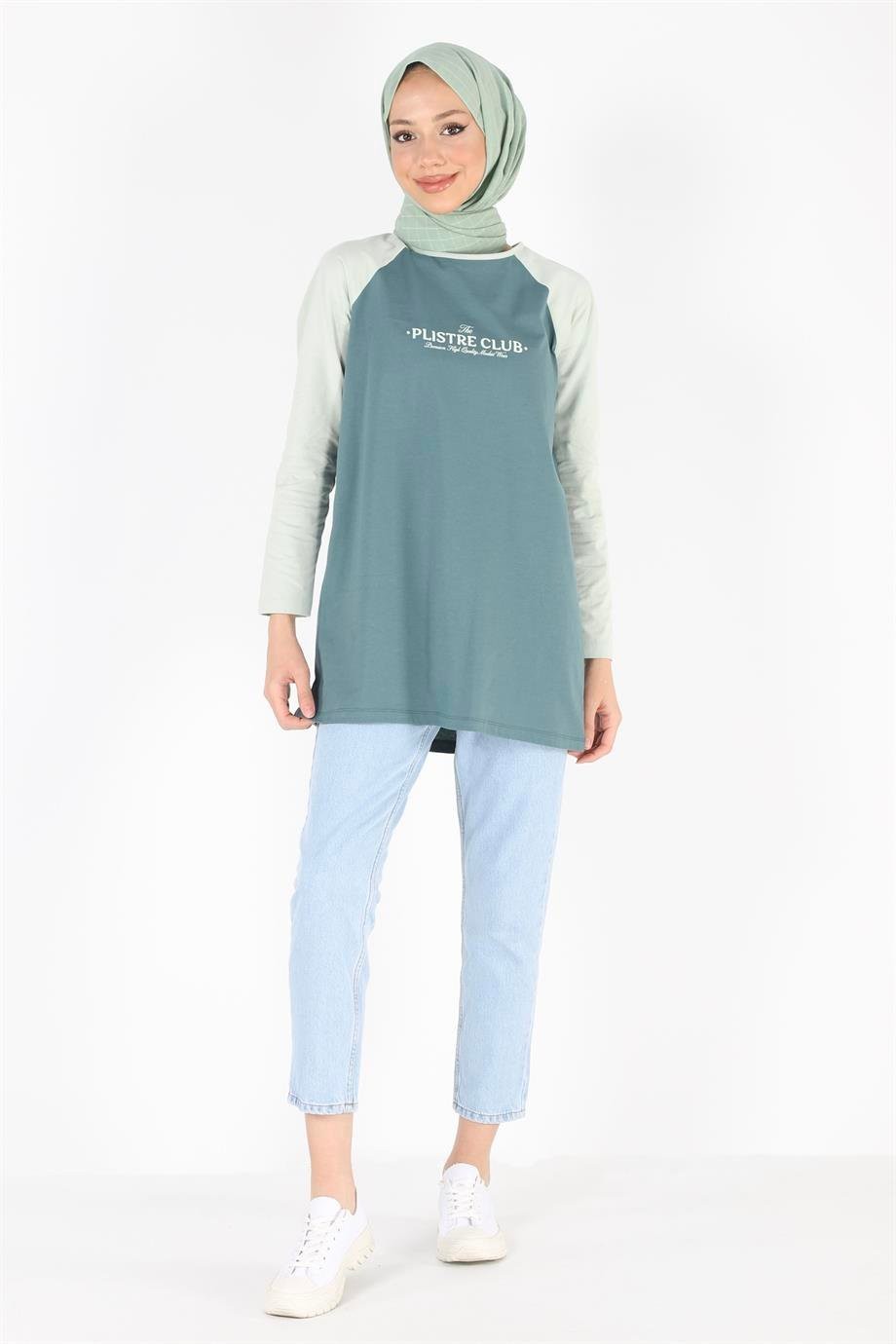 2097_Baskılı Reglan Kollu Örme Tesettür Tunik