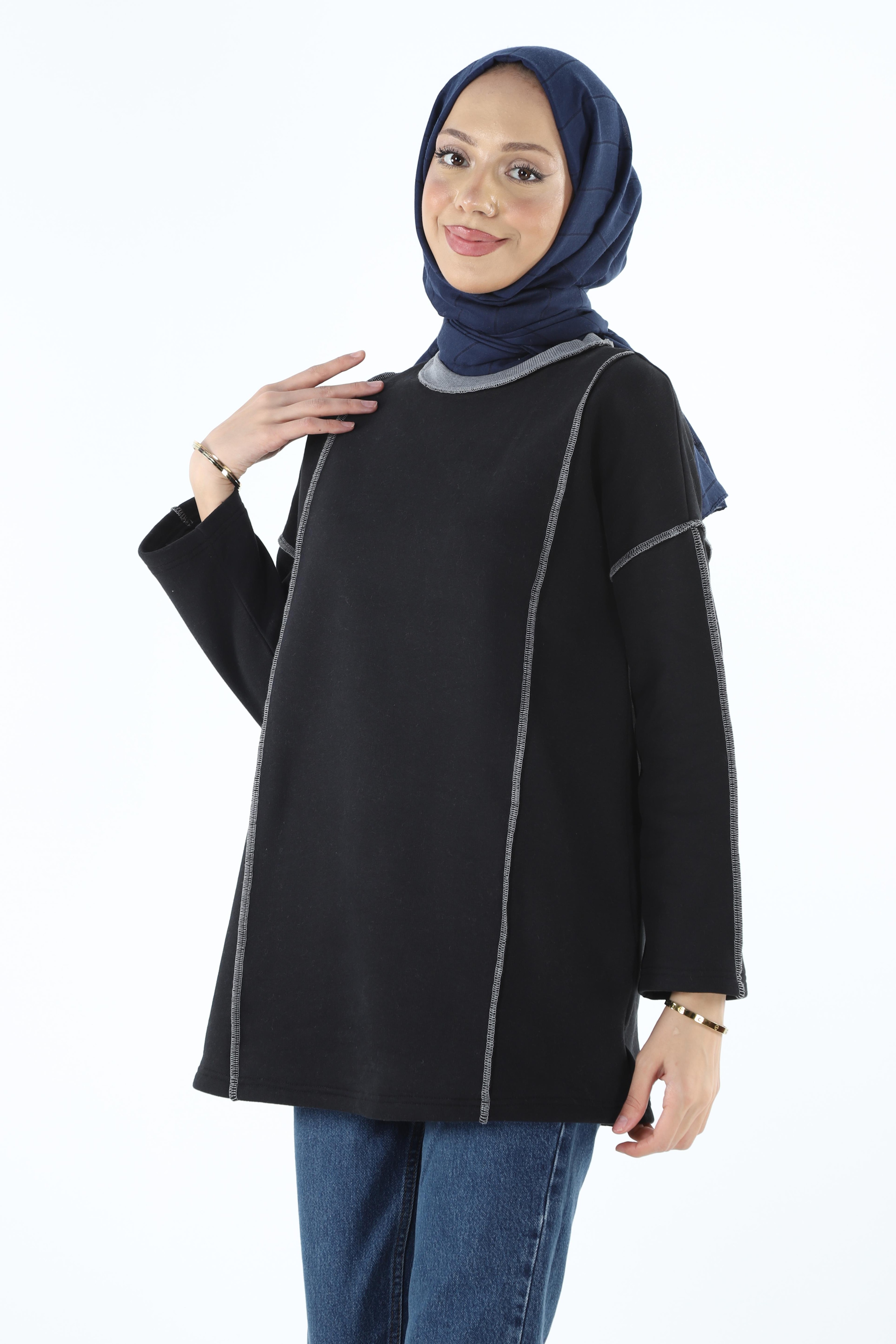 2229_Şardonlu Karyoka Dikişli Basic Tesettür Sweatshirt