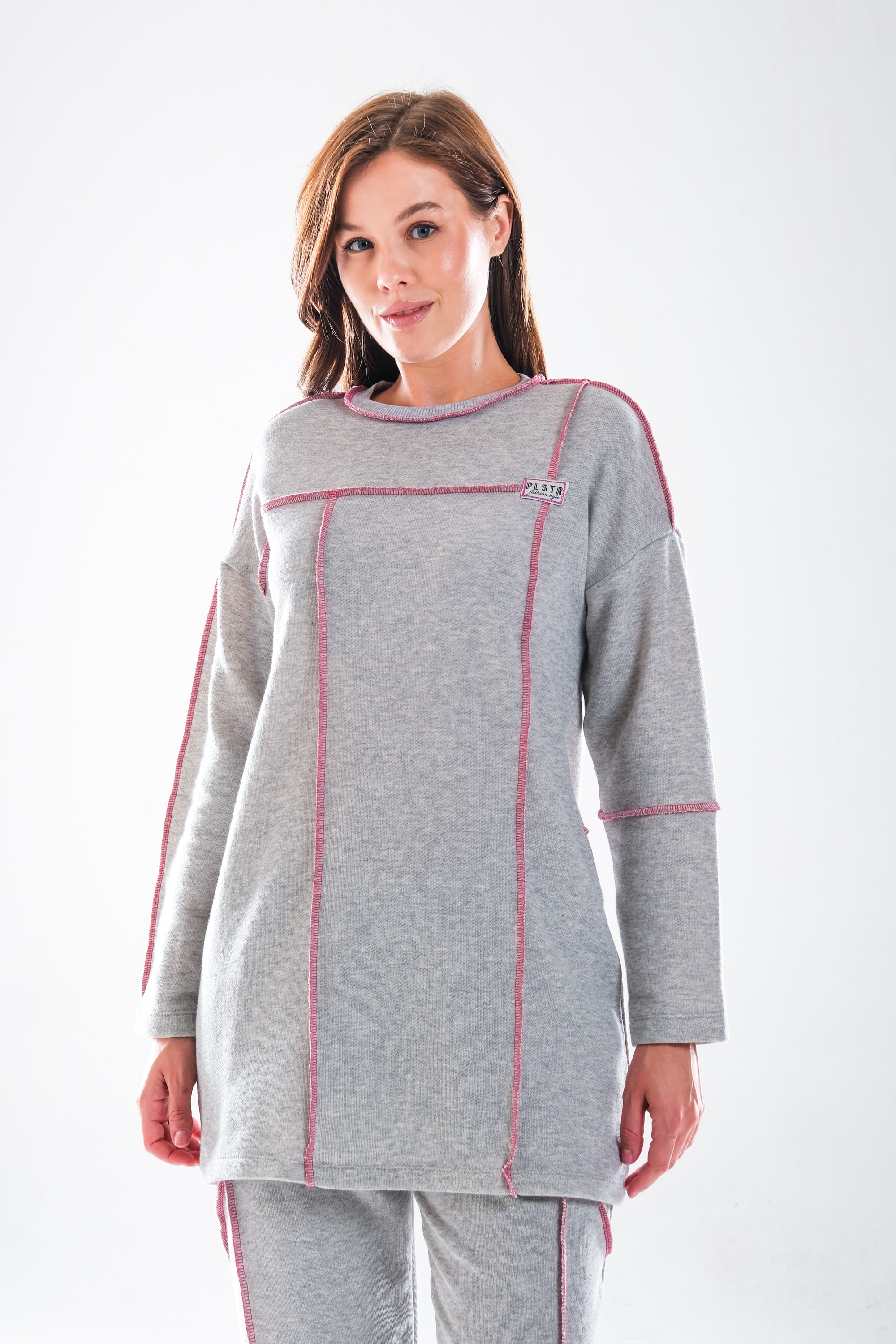 2278_Kadın Tesettür Homewear Eşofman Takımı – Bisiklet Yaka Sweat, Dikiş Detaylı, Havuç Fit Alt, 85 cm Tunik Boy