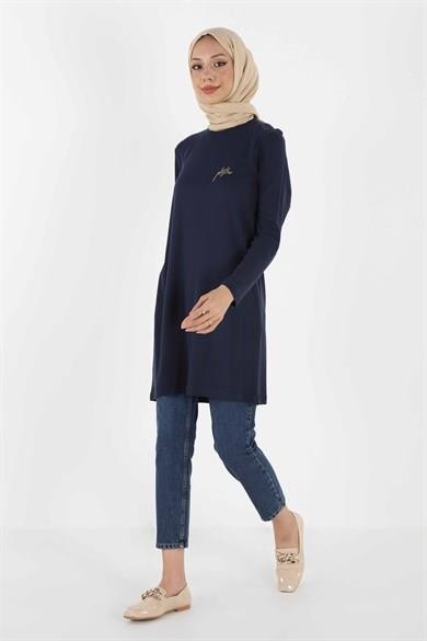 1451_Nakışlı Basic Tesettür Tunik lacivert