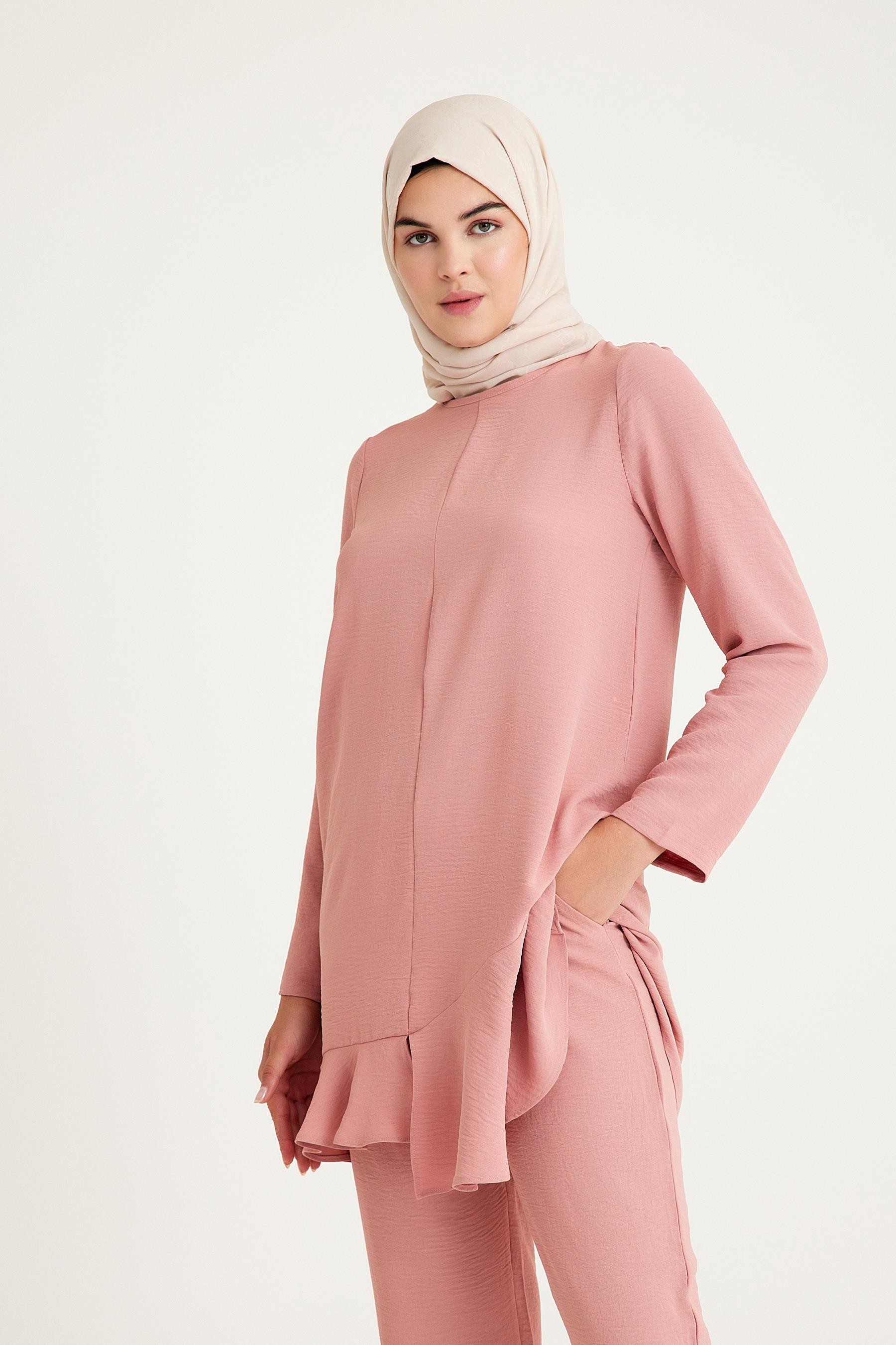 1757_Tesettür Fırfırlı Tunik & Pantolon İkili Takım