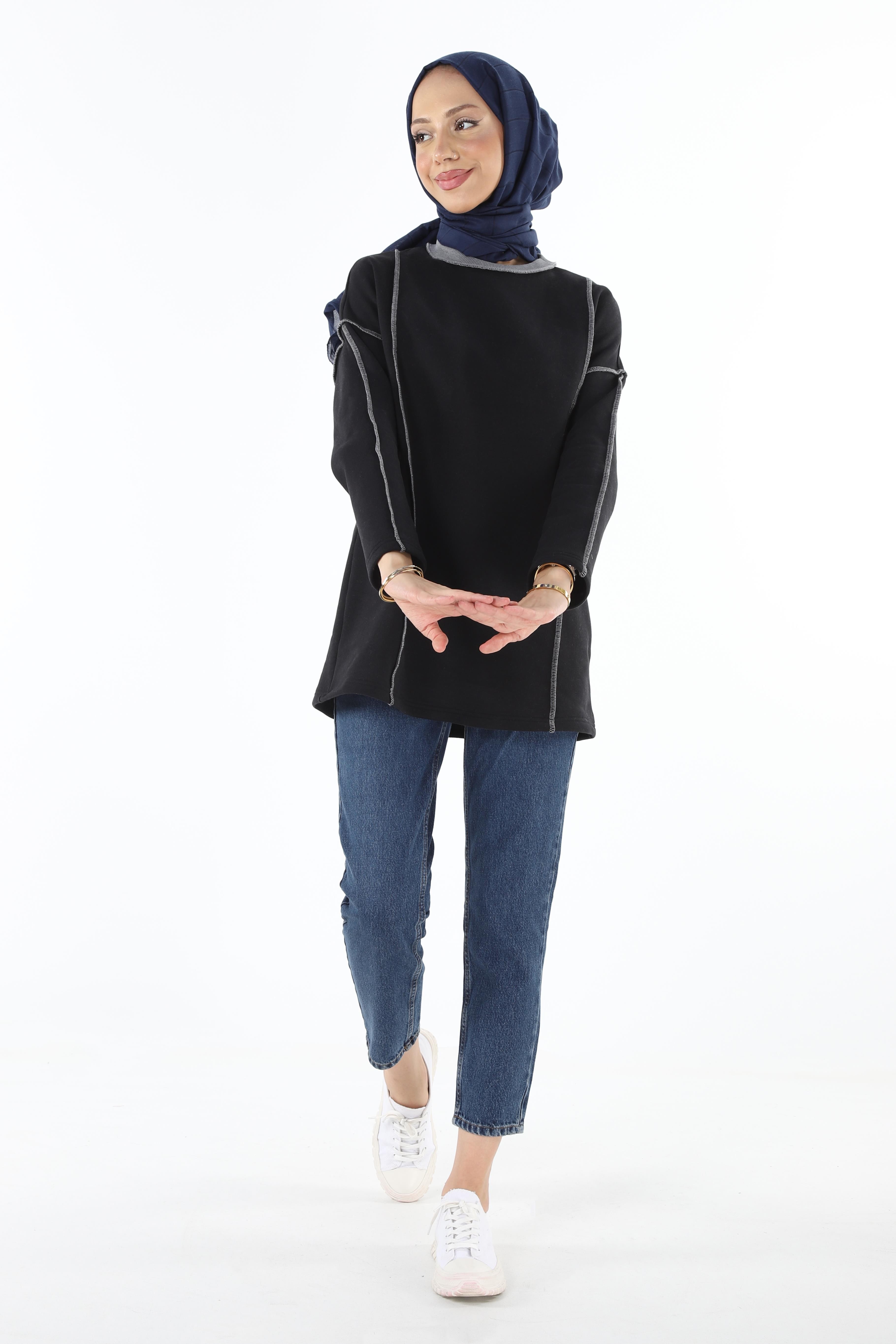 2229_Şardonlu Karyoka Dikişli Basic Tesettür Sweatshirt