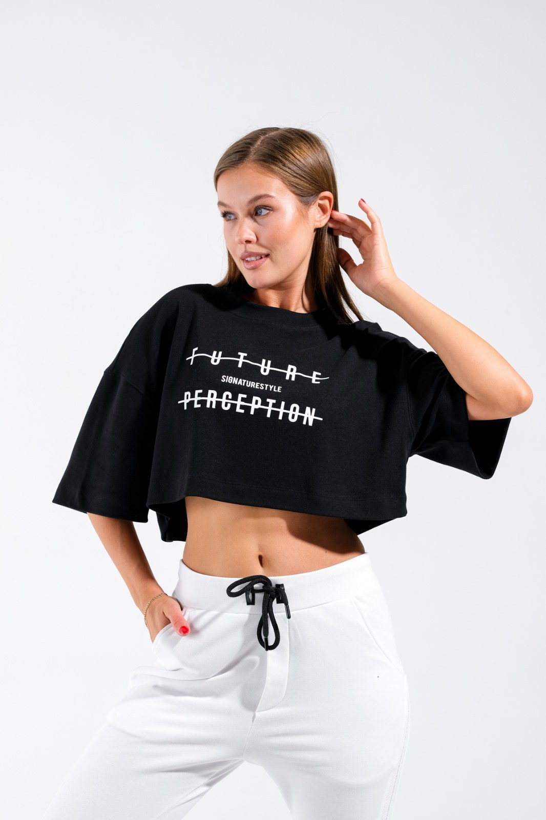 724106_Kadın Oversize Geniş Kalıp Baskılı Crop Boy Kısa Kollu Sportif Tshirt