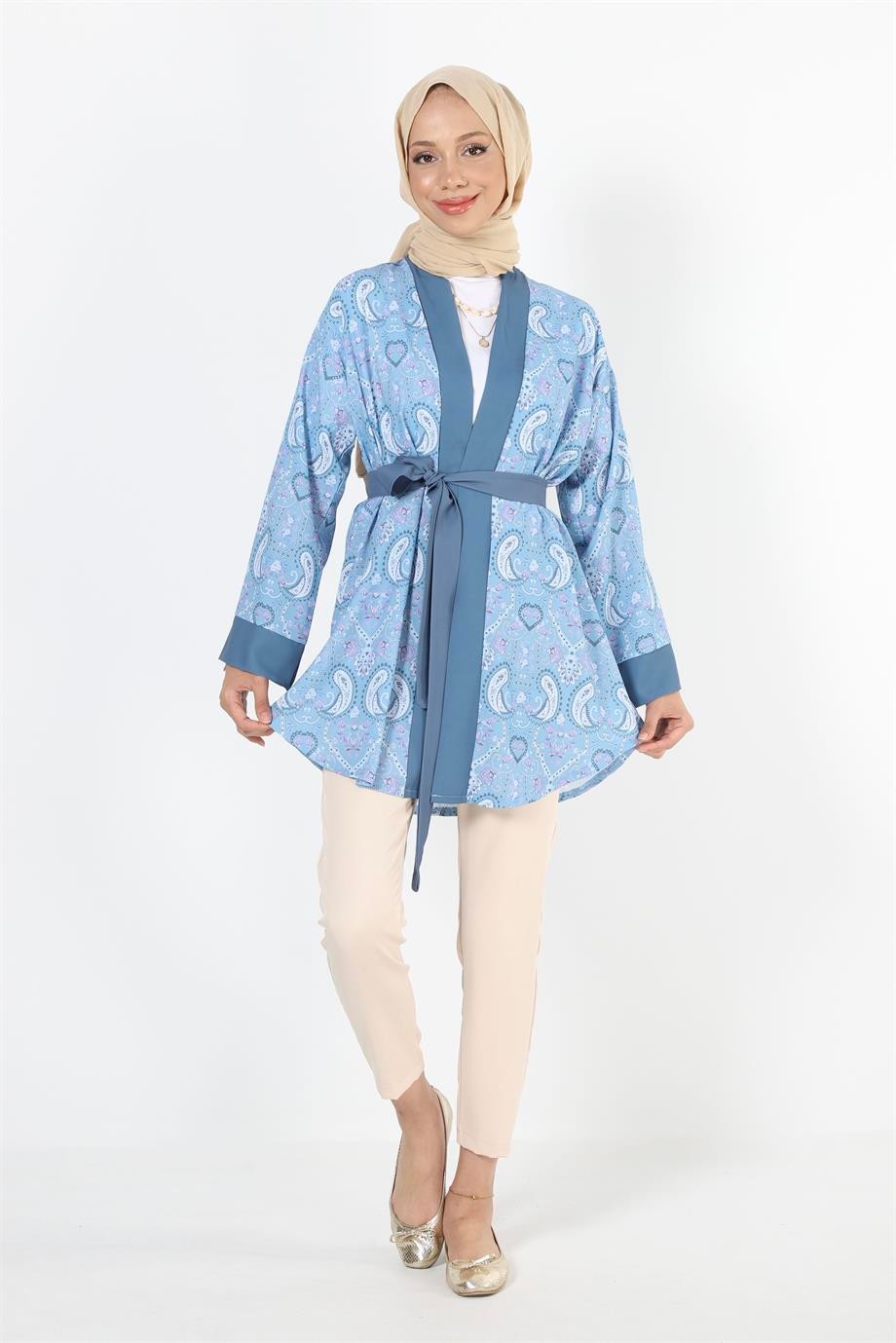 2121_Desenli Beli Kuşaklı Kimono