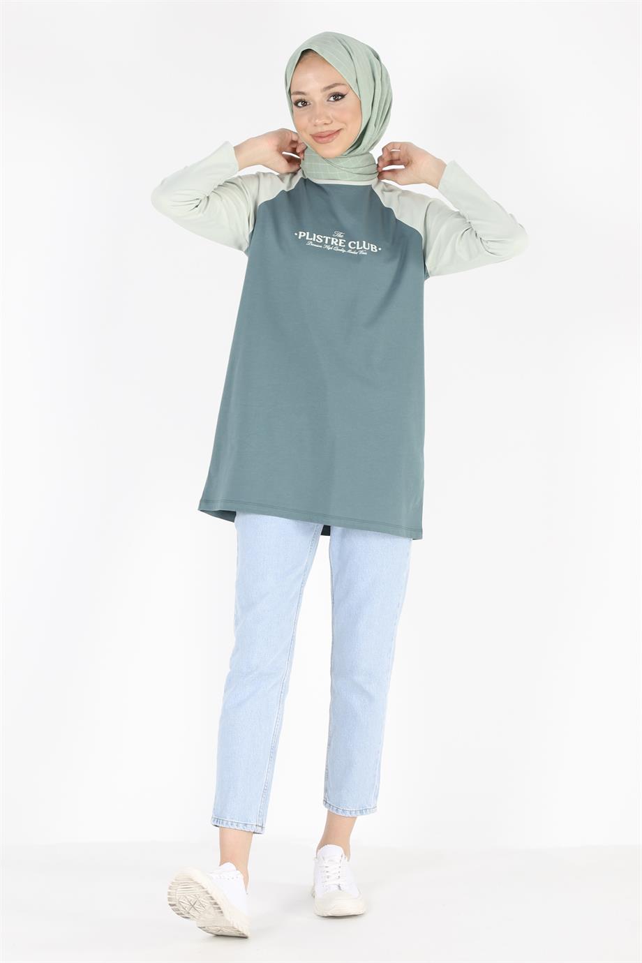 2097_Baskılı Reglan Kollu Örme Tesettür Tunik