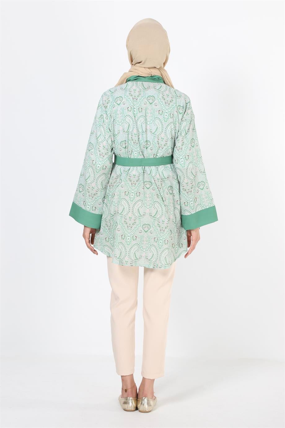 2121_Desenli Beli Kuşaklı Kimono