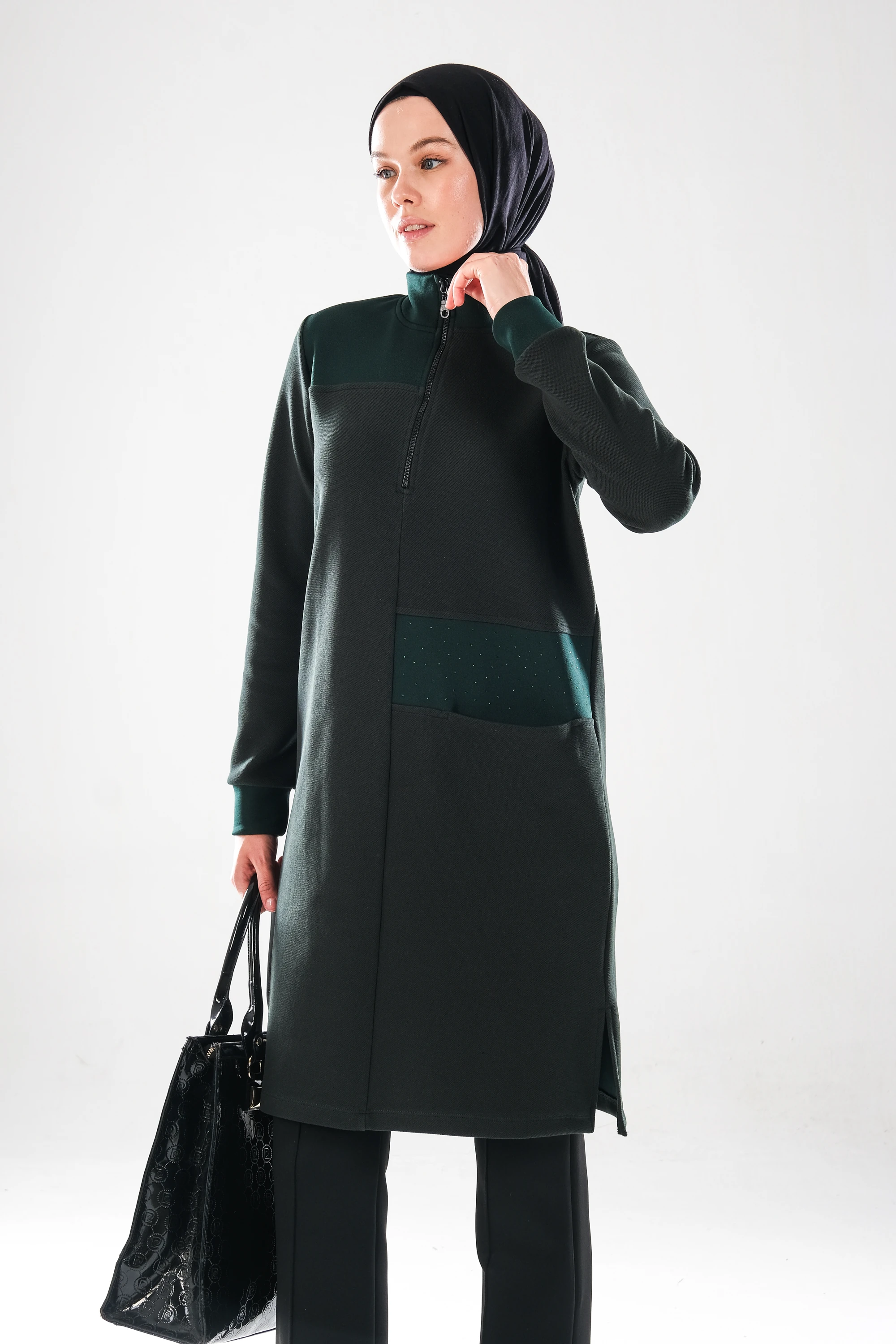 2291_Kadın Fermuarlı Dik Yaka, Taş İşlemeli, Cepli, Uzun Kol, Yırtmaçlı, Tesettür Tunik Elbise Yeşil