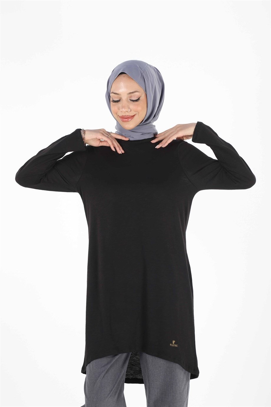 1875_Plistre Baskılı Basic Tesettür Tunik