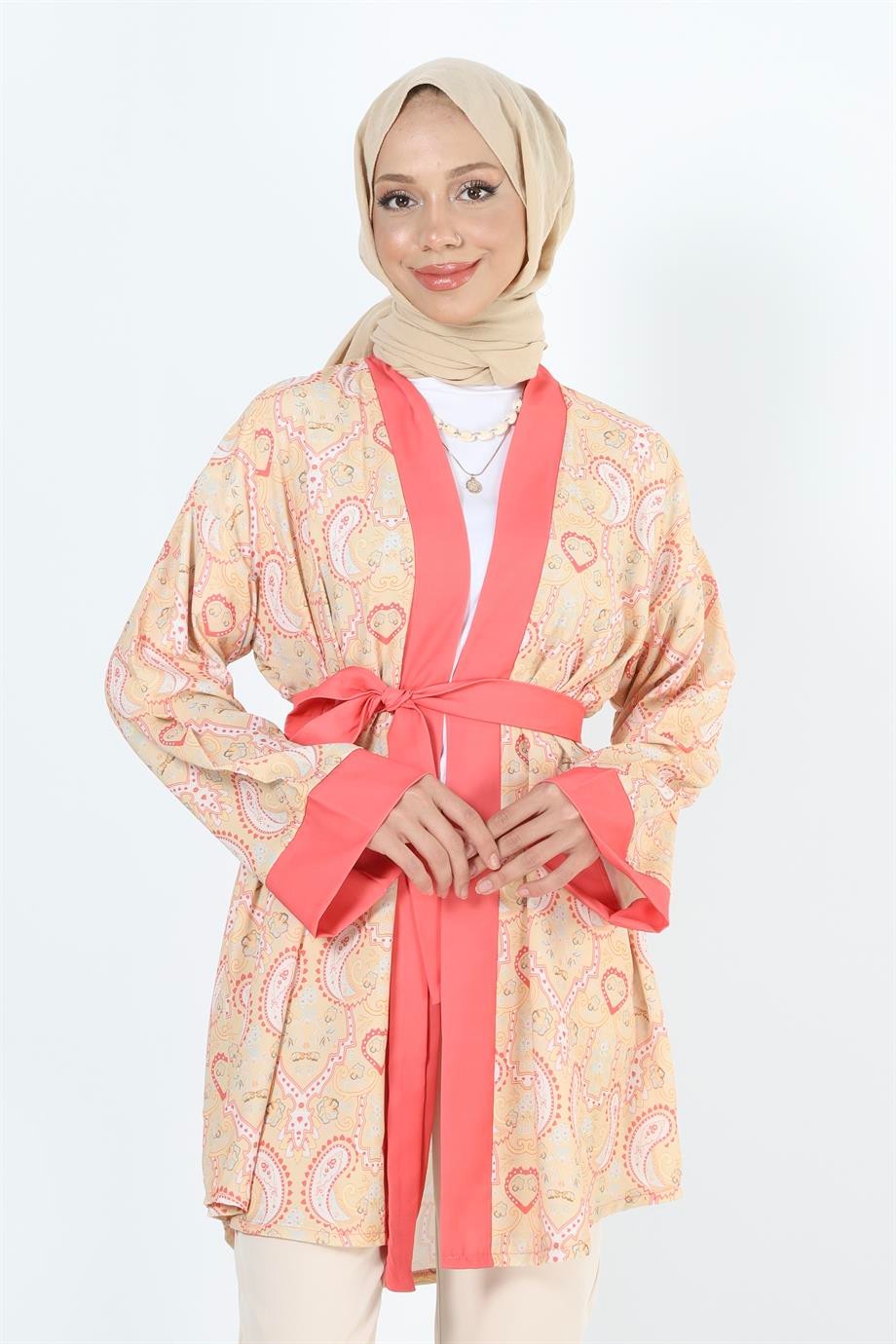 2121_Desenli Beli Kuşaklı Kimono