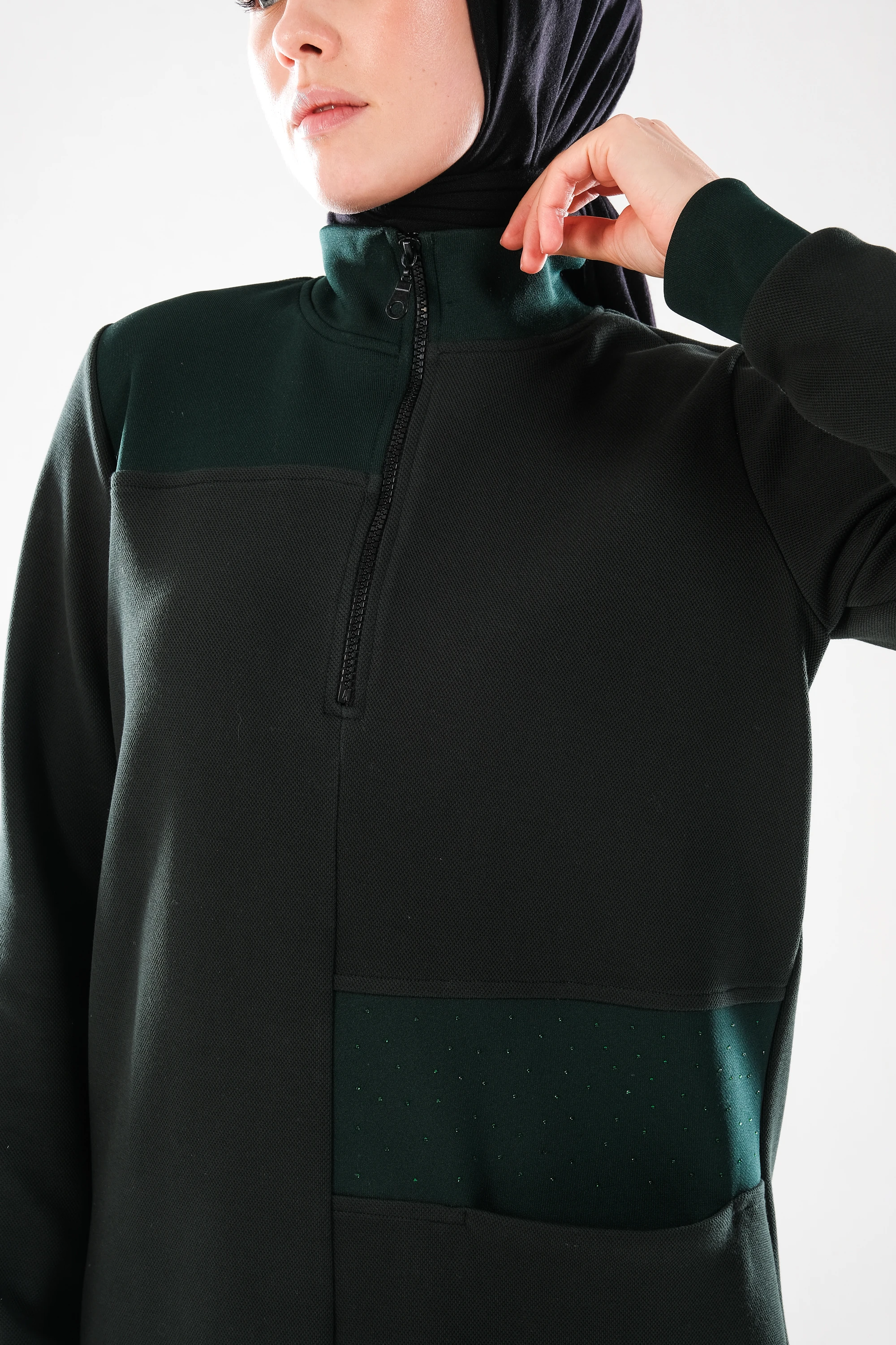 2291_Kadın Fermuarlı Dik Yaka, Taş İşlemeli, Cepli, Uzun Kol, Yırtmaçlı, Tesettür Tunik Elbise Yeşil