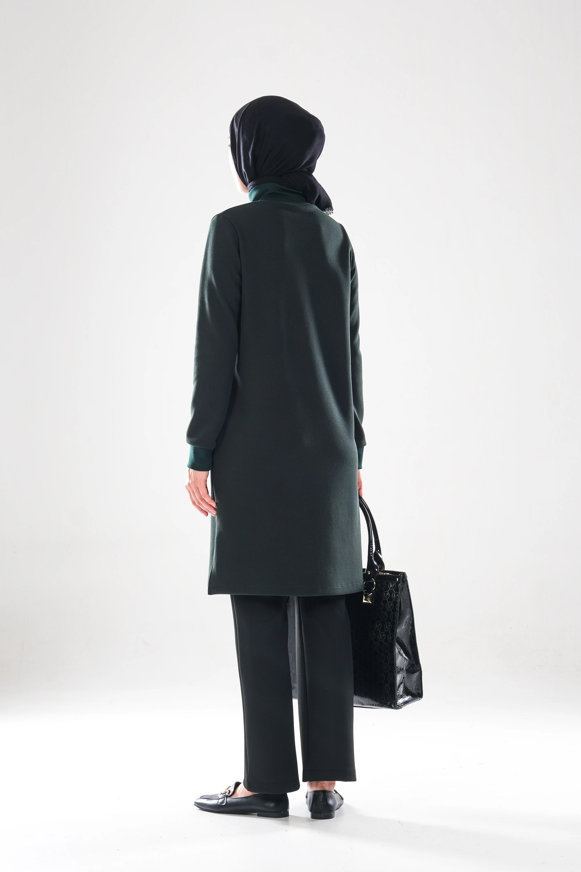 2291_Kadın Fermuarlı Dik Yaka, Taş İşlemeli, Cepli, Uzun Kol, Yırtmaçlı, Tesettür Tunik Elbise Yeşil