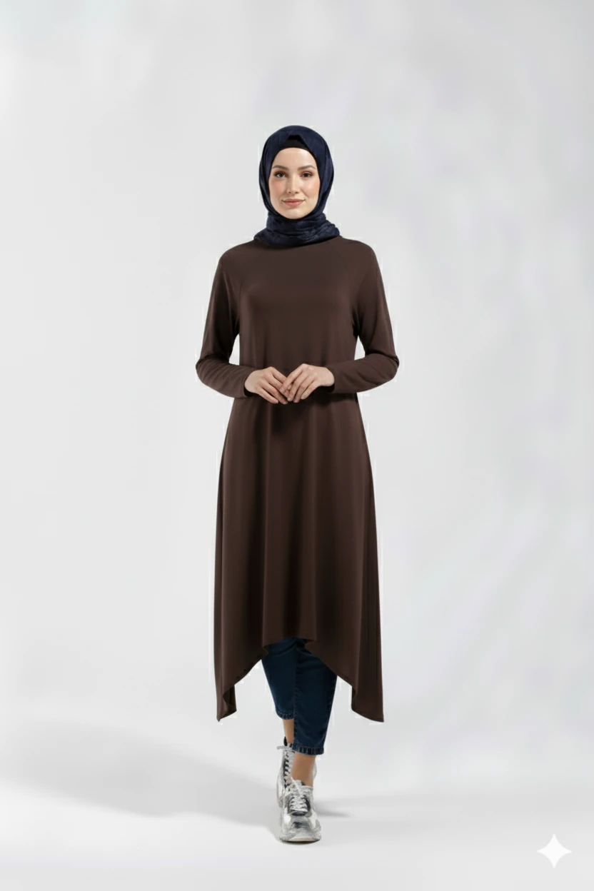 1220_Asimetrik Kesim Plistre Tesettür Tunik
