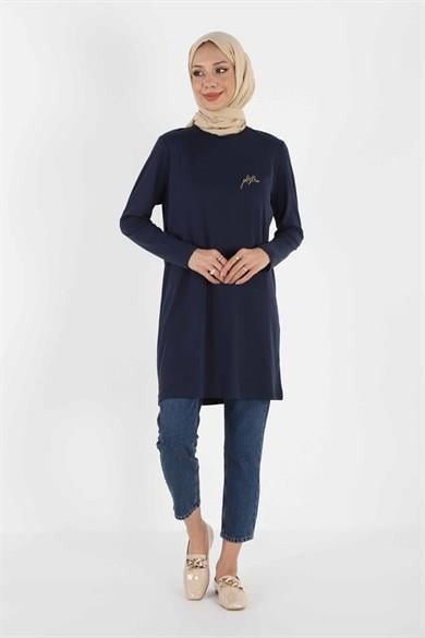 1451_Nakışlı Basic Tesettür Tunik lacivert