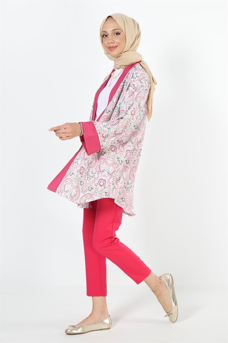 2121_Desenli Beli Kuşaklı Kimono