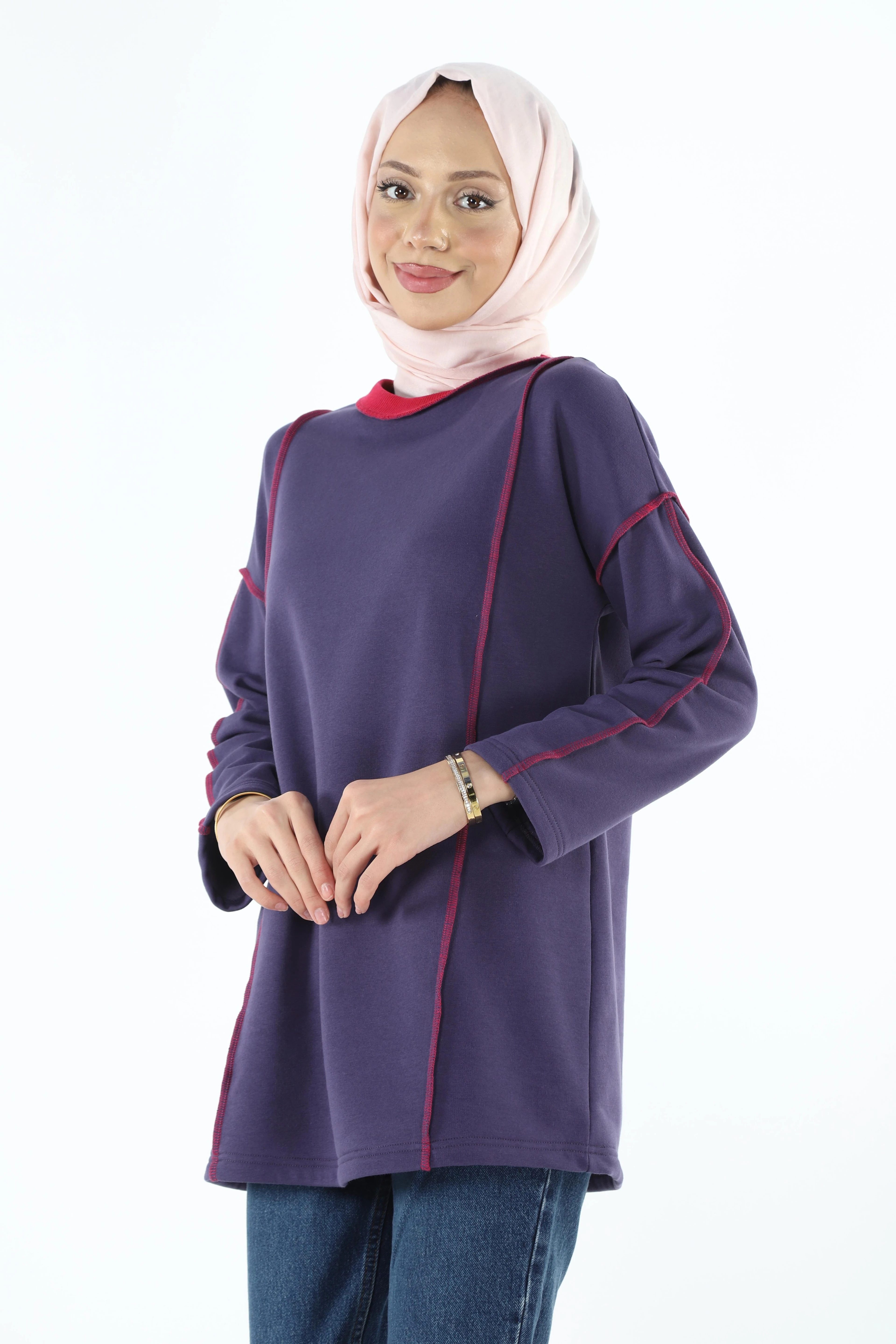 2229_Şardonlu Karyoka Dikişli Basic Tesettür Sweatshirt