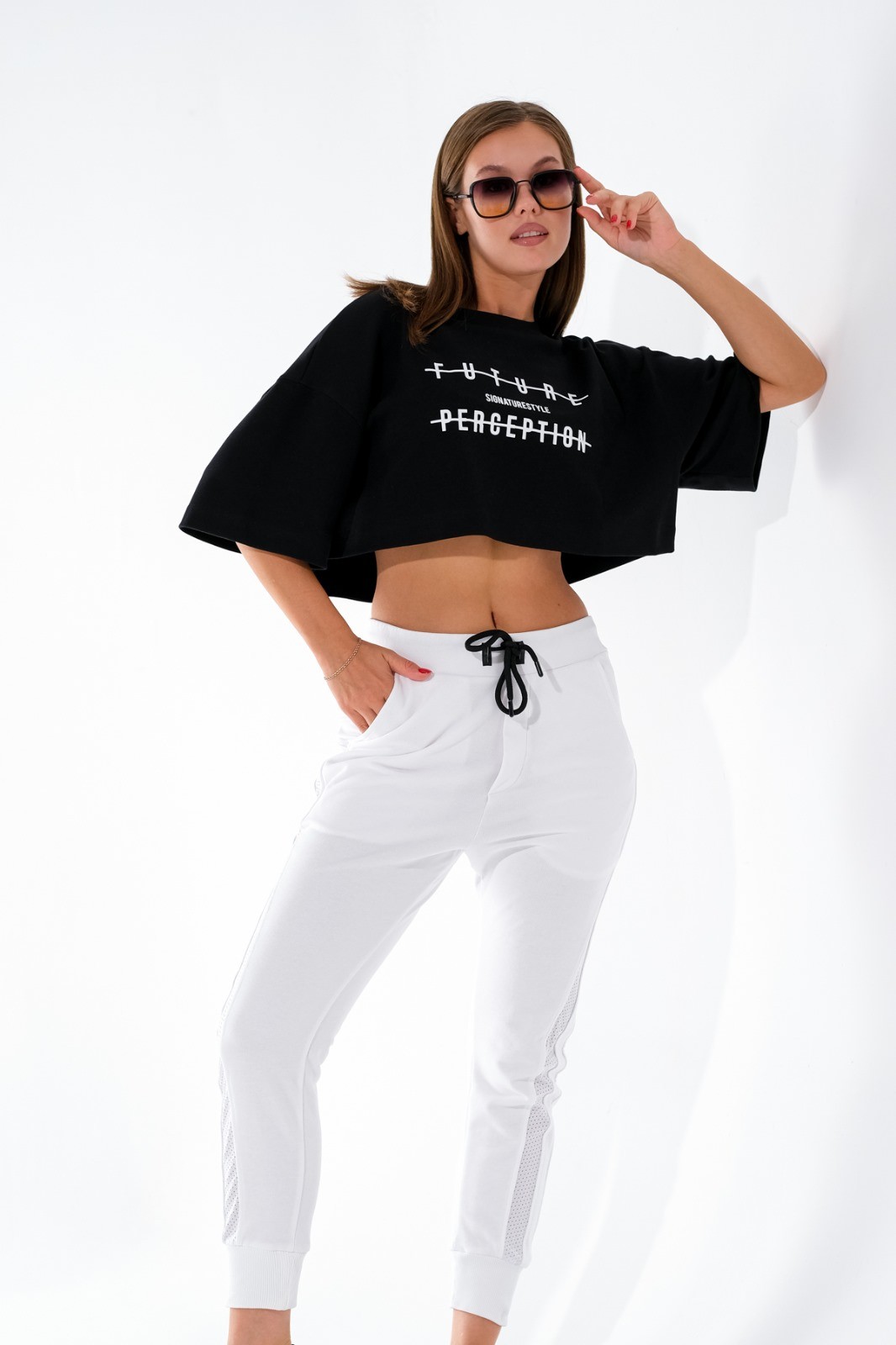 724106_Kadın Oversize Geniş Kalıp Baskılı Crop Boy Kısa Kollu Sportif Tshirt