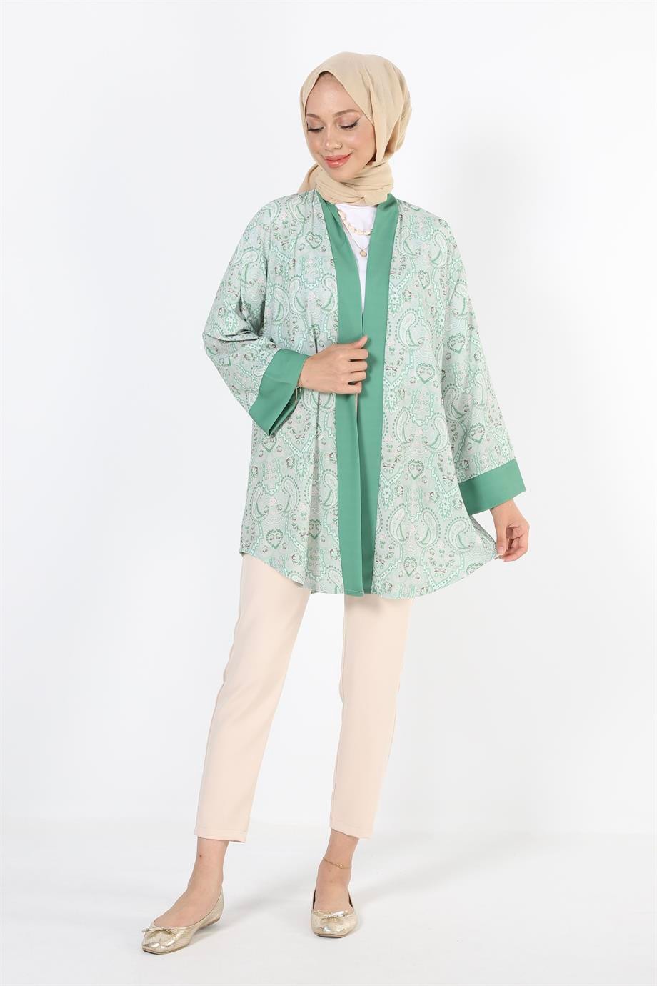 2121_Desenli Beli Kuşaklı Kimono