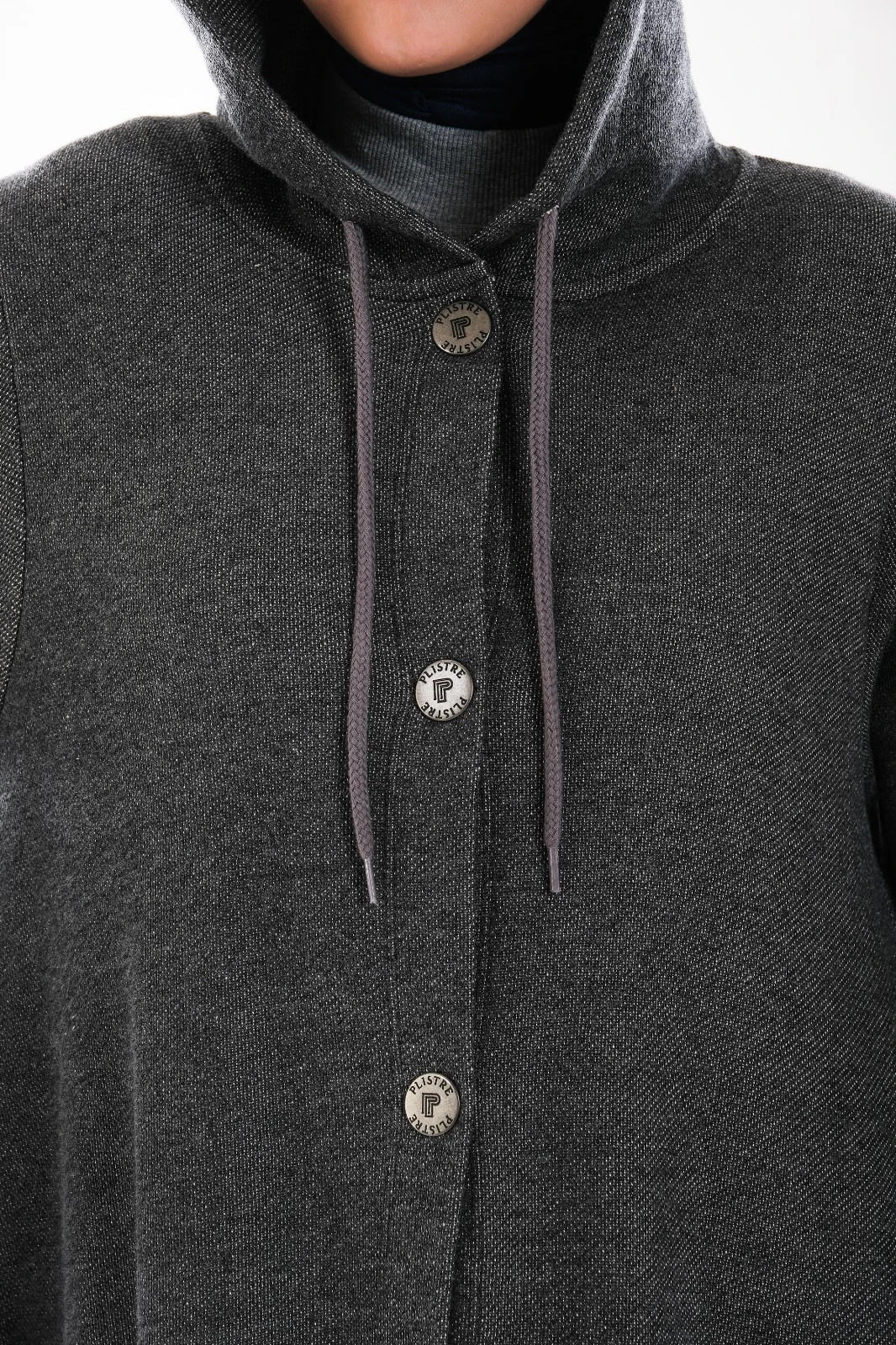 2276_Kadın Antrasit Melanj Kapüşonlu Çıtçıtlı 3 İplik Uzun Kap – Cepli Mevsimlik Tesettür Dış Giyim