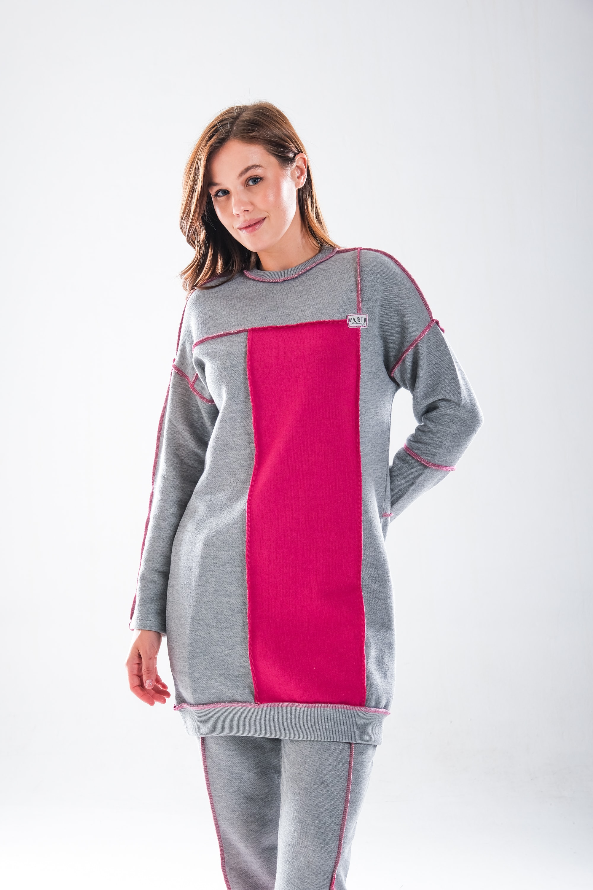 2277_Kadın Tesettür Homewear Eşofman Takım – Bisiklet Yaka Sweat, Dikiş Detaylı, Havuç Fit, FuşyaGri