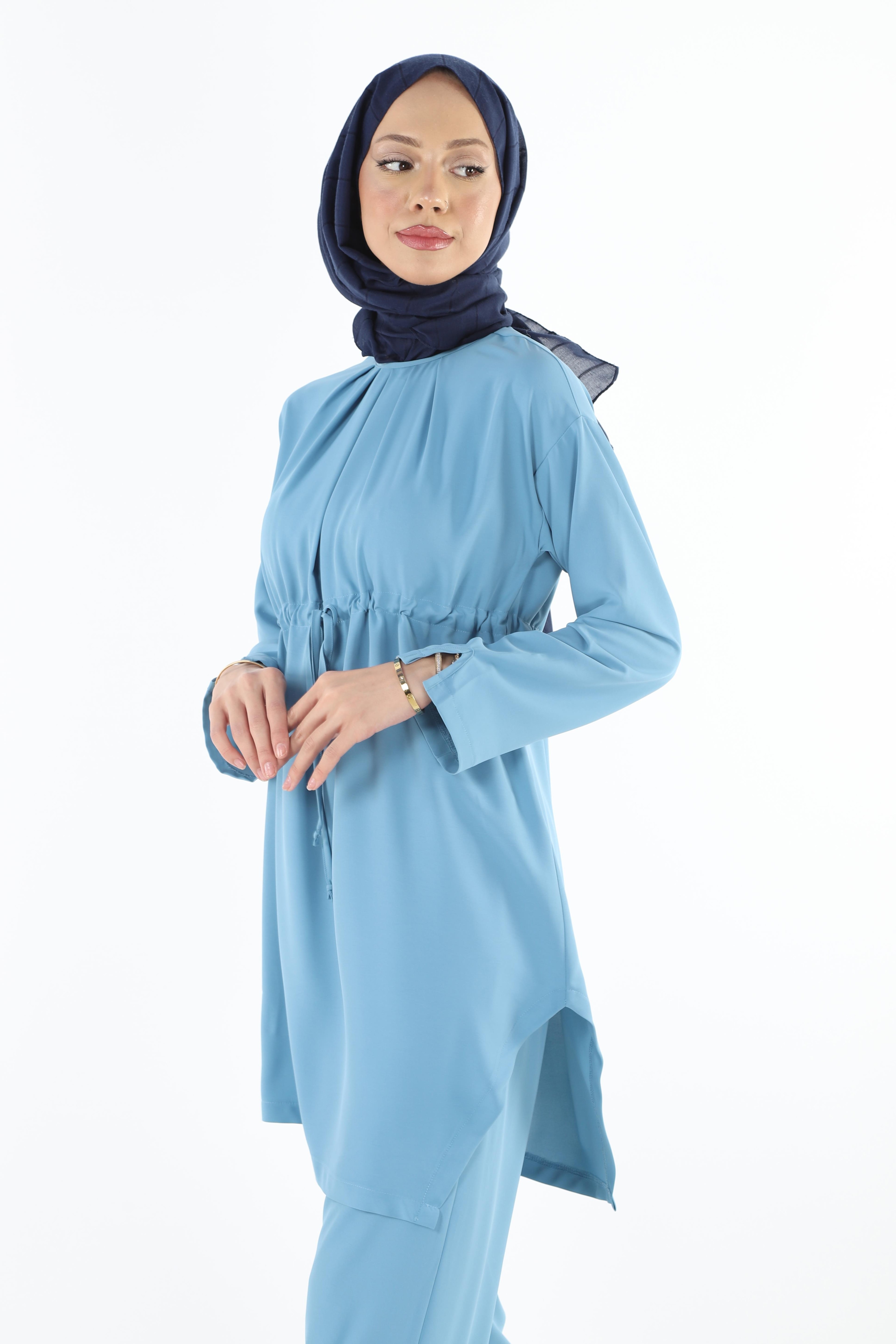 2112_Tesettür Asimetrik Kesim Tunik Pantolon İkili Takım