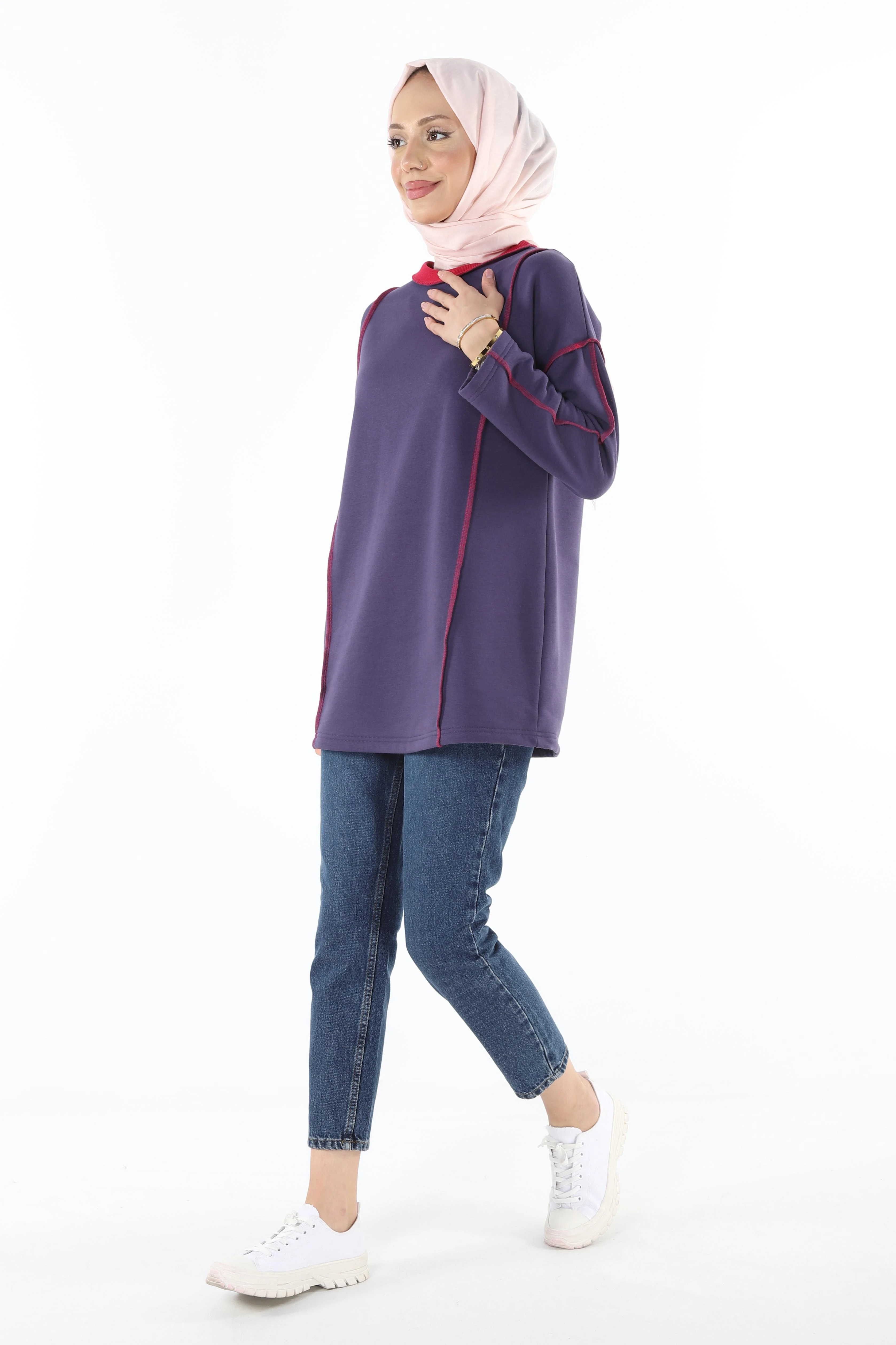 2229_Şardonlu Karyoka Dikişli Basic Tesettür Sweatshirt