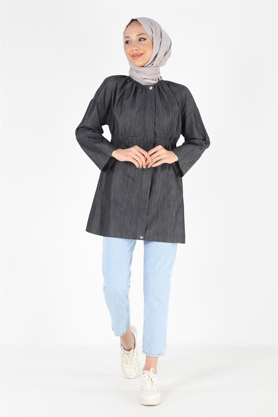 2075_Fermuarlı Oversize Kot Tesettür Ceket
