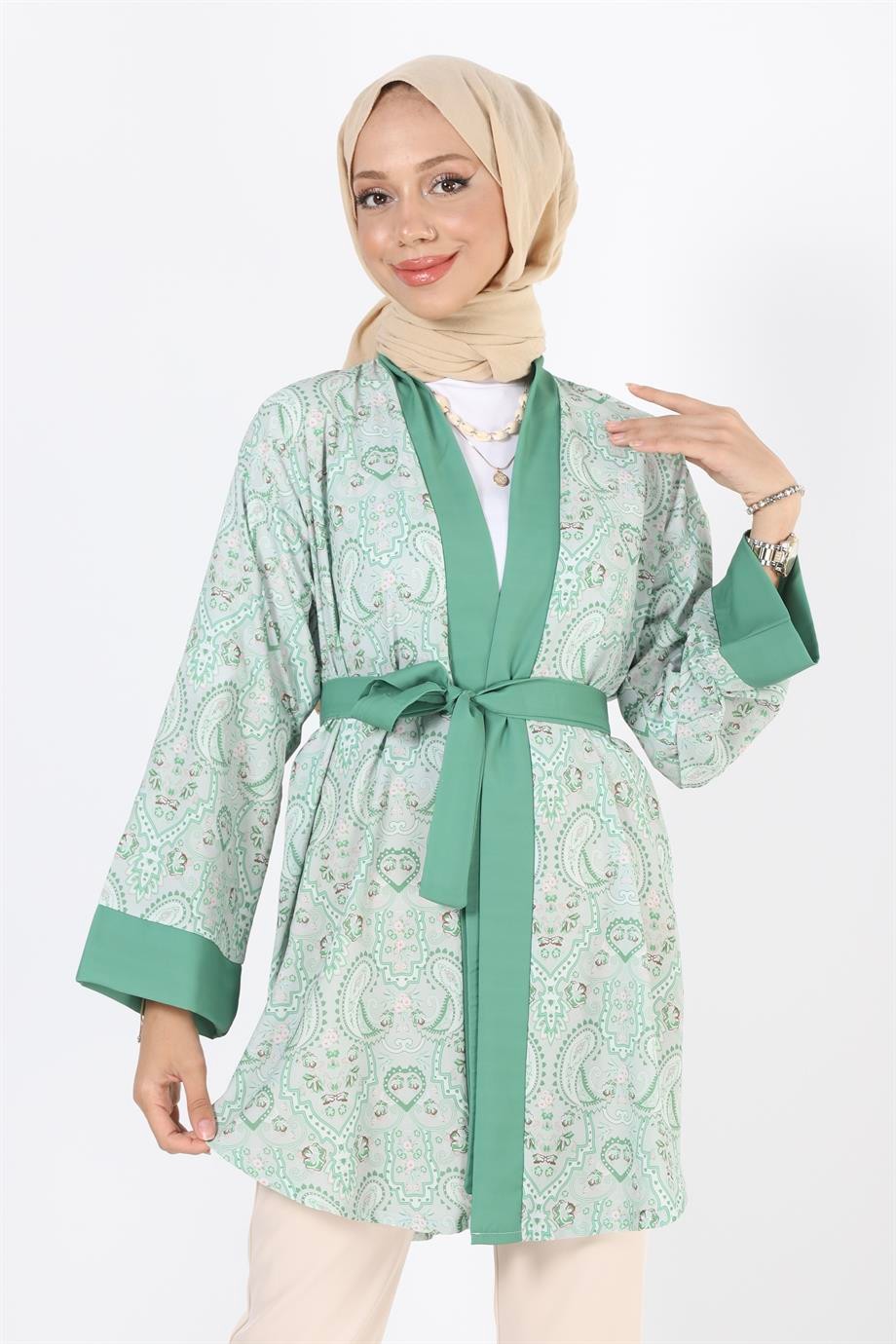 2121_Desenli Beli Kuşaklı Kimono