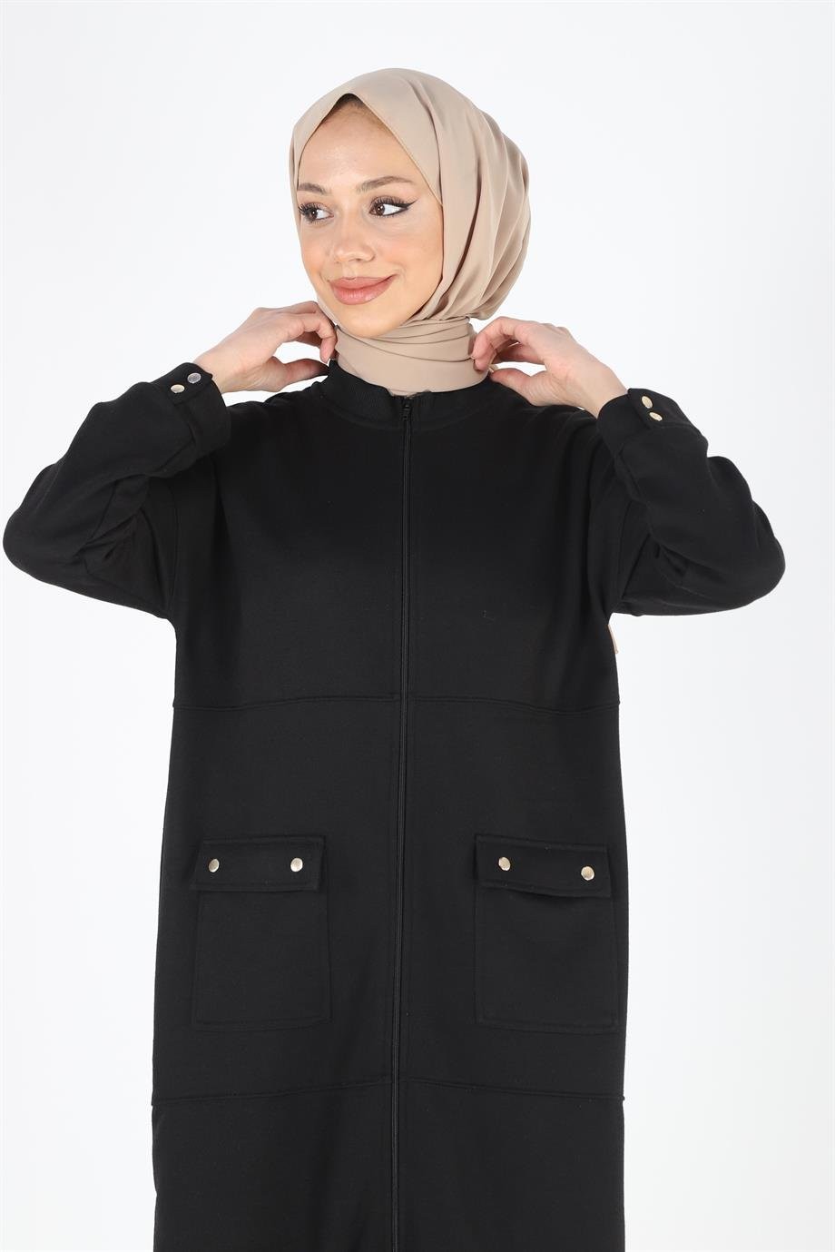 2081_Fermuarlı Yırtmaçlı Oversize Tesettür Kap