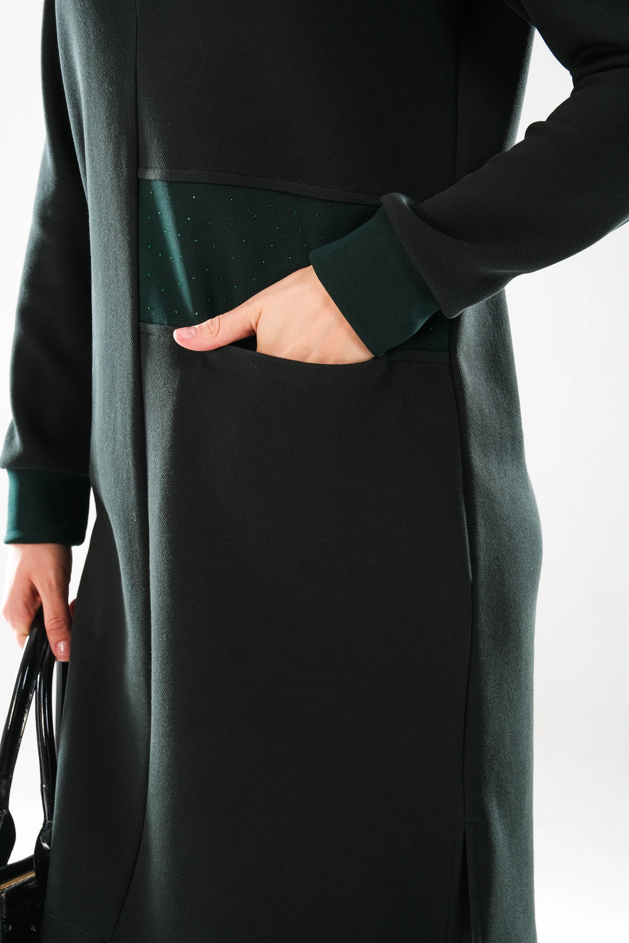 2291_Kadın Fermuarlı Dik Yaka, Taş İşlemeli, Cepli, Uzun Kol, Yırtmaçlı, Tesettür Tunik Elbise Yeşil