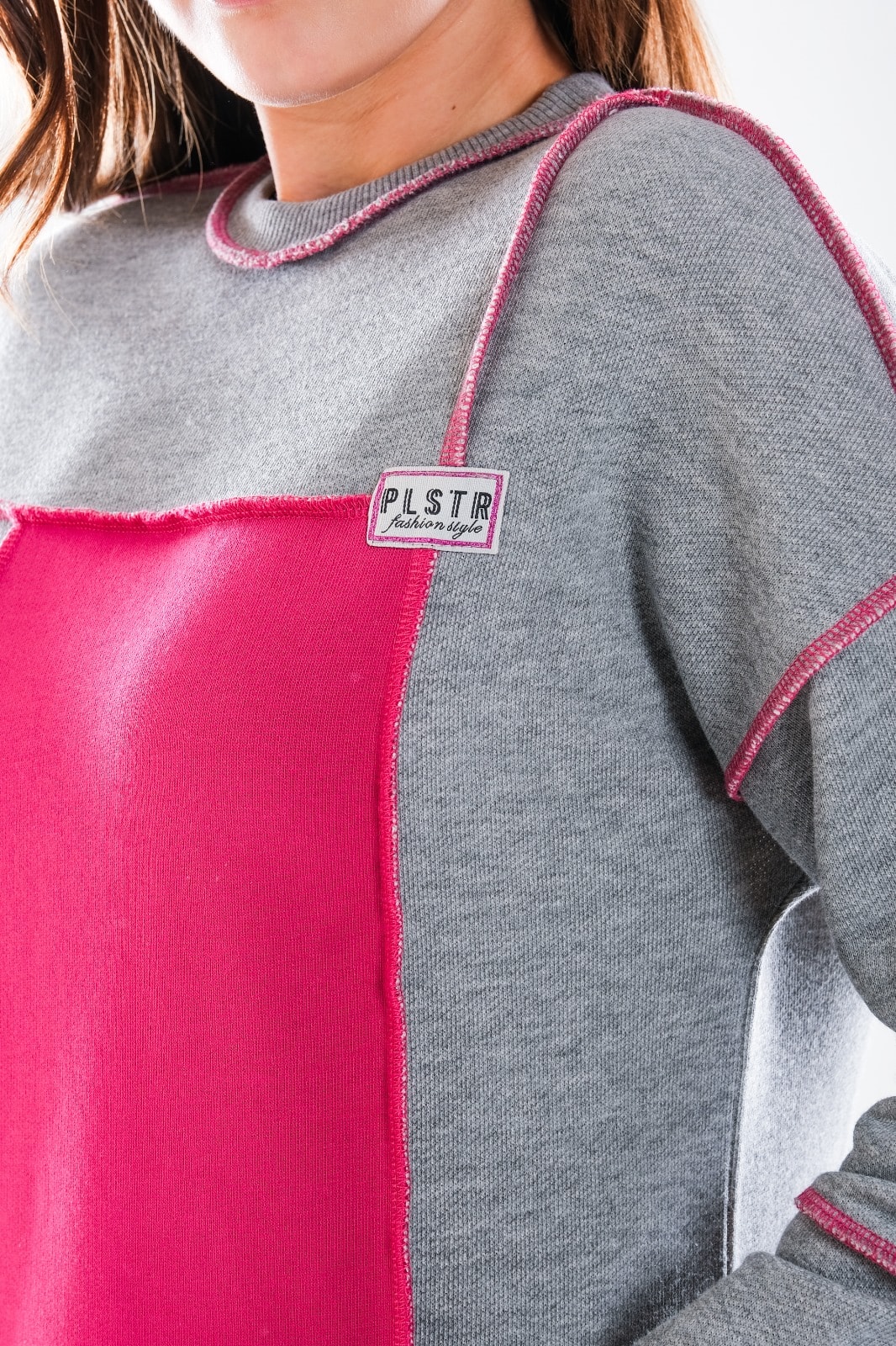 2277_Kadın Tesettür Homewear Eşofman Takım – Bisiklet Yaka Sweat, Dikiş Detaylı, Havuç Fit, FuşyaGri