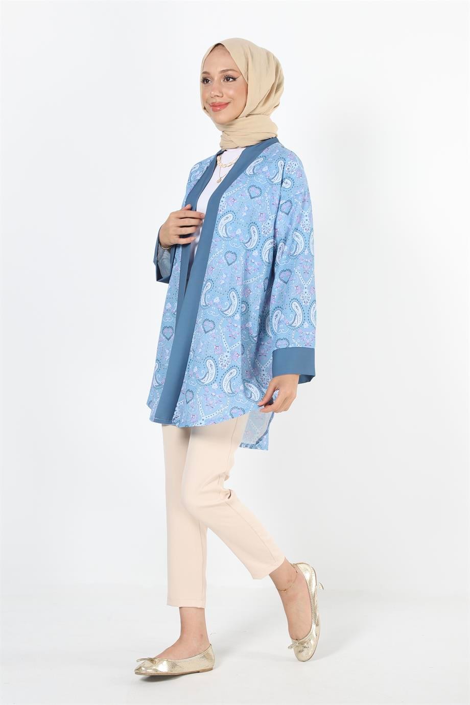 2121_Desenli Beli Kuşaklı Kimono