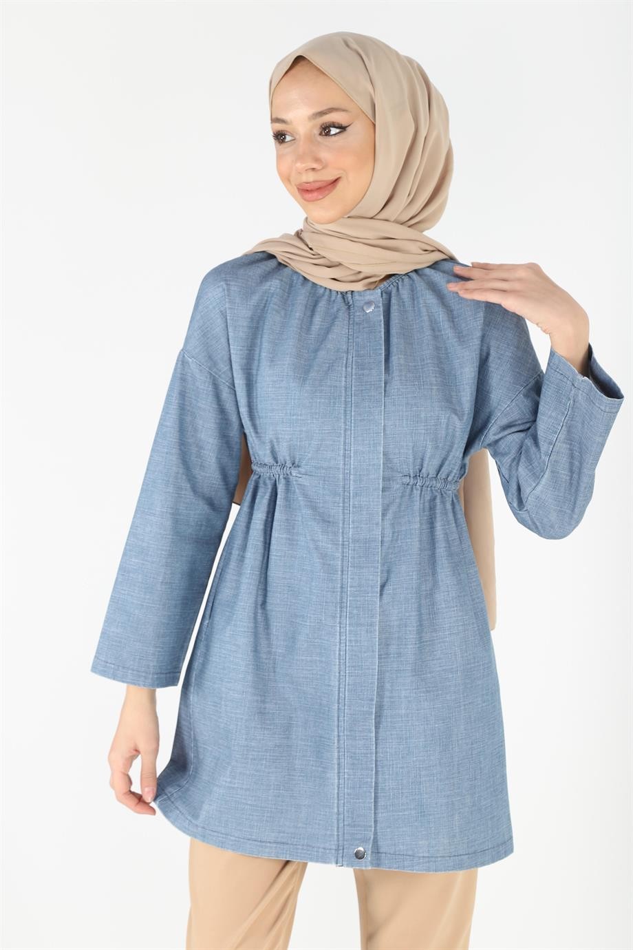 2075_Fermuarlı Oversize Kot Tesettür Ceket