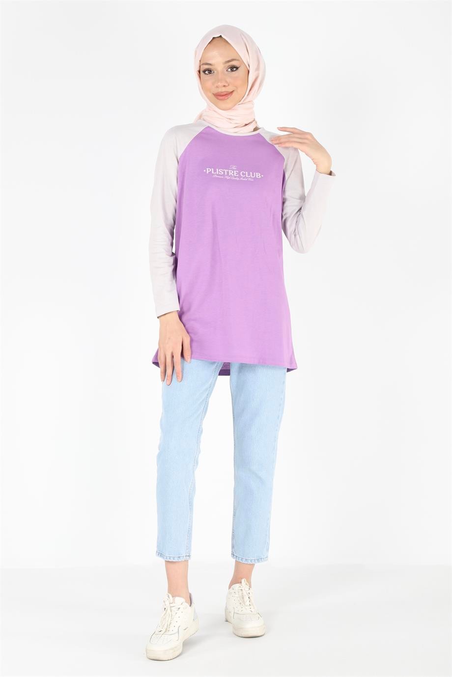 2097_Baskılı Reglan Kollu Örme Tesettür Tunik