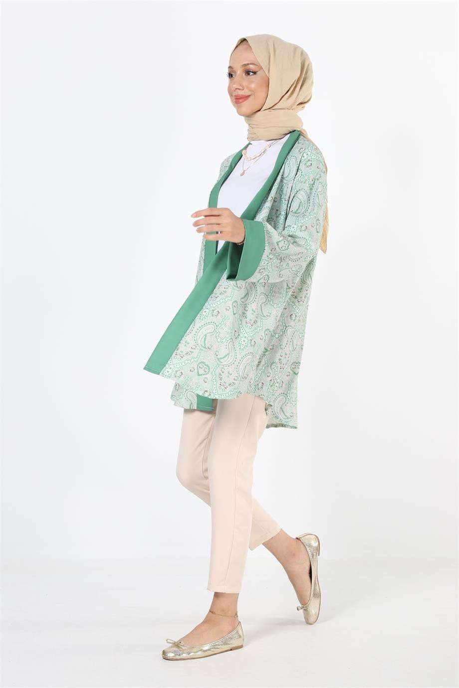 2121_Desenli Beli Kuşaklı Kimono